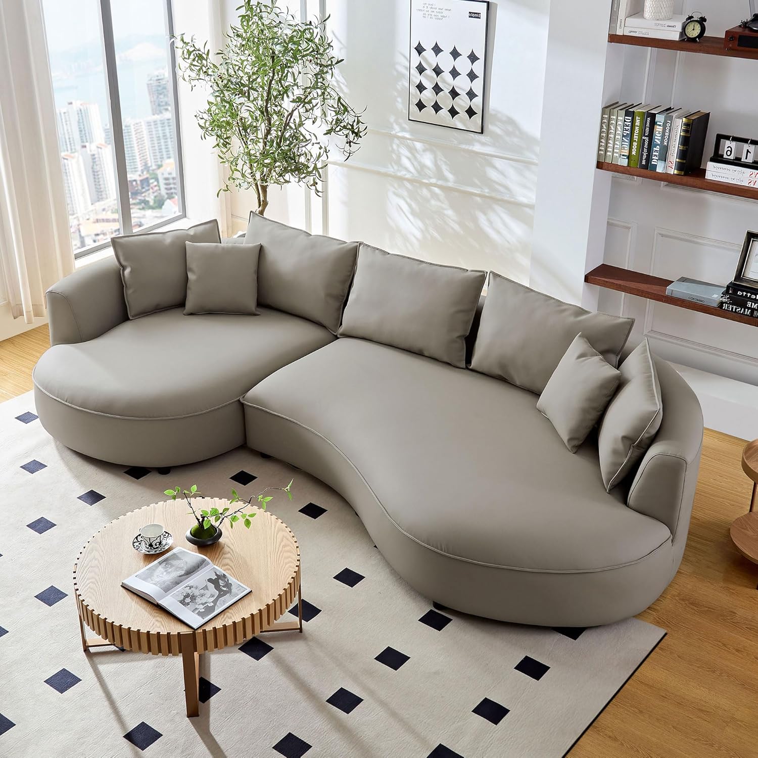 128.74'' Sectional Curved Sofa with Left Chaise and 7 Pillows, Modern Upholstered 5-Seat L-Shape Cloud Couch for Living Room,Easy to Assemble,Light Grey