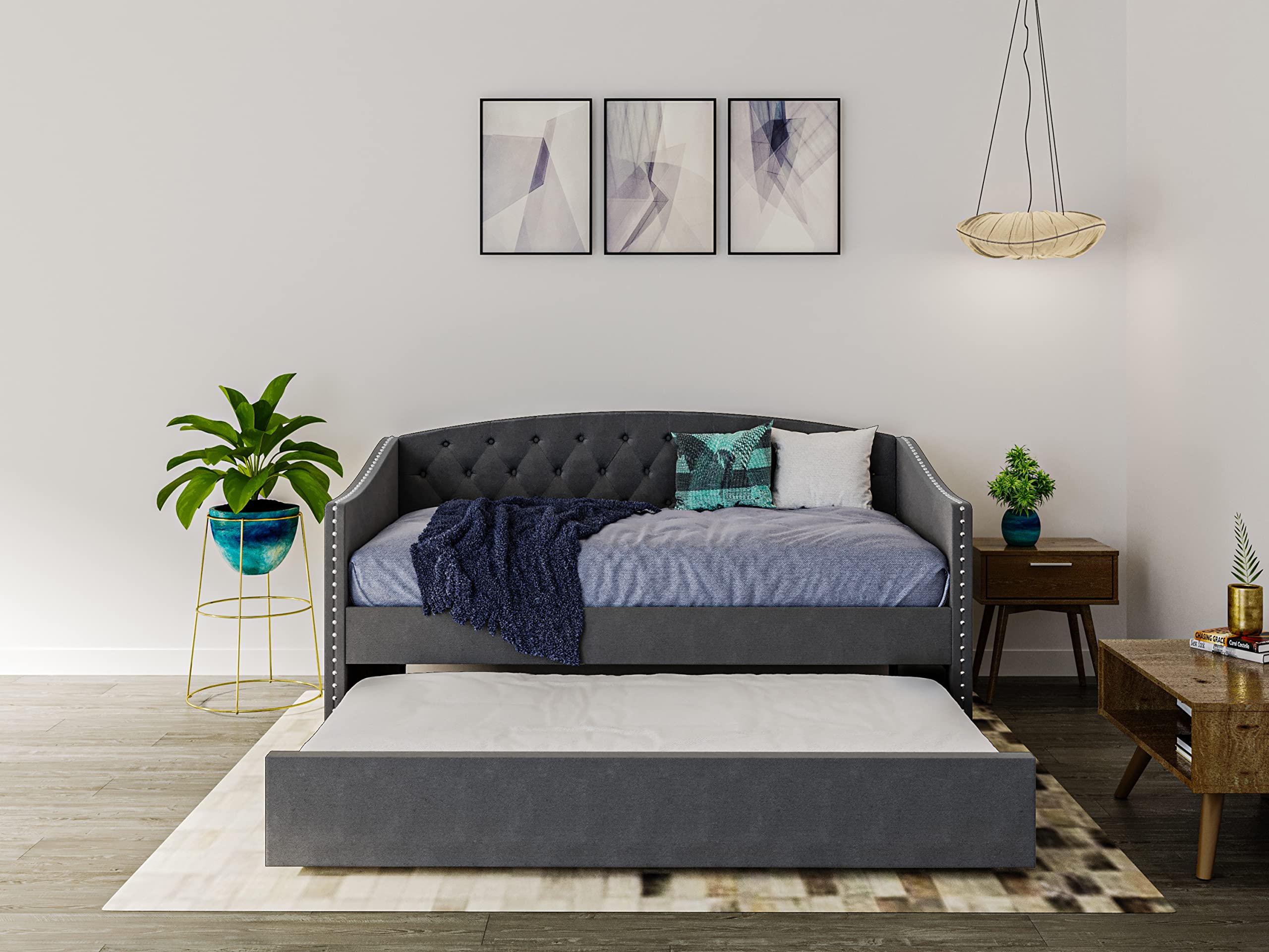 DG CasaTraditional Upholstered Daybed with Trundle Platform Frame with Diamond Button Tufting Nailhead Trim and Full Wooden Slats, Day Bed in Gray Fabric, Gray (Incomplete, Box 2/2)