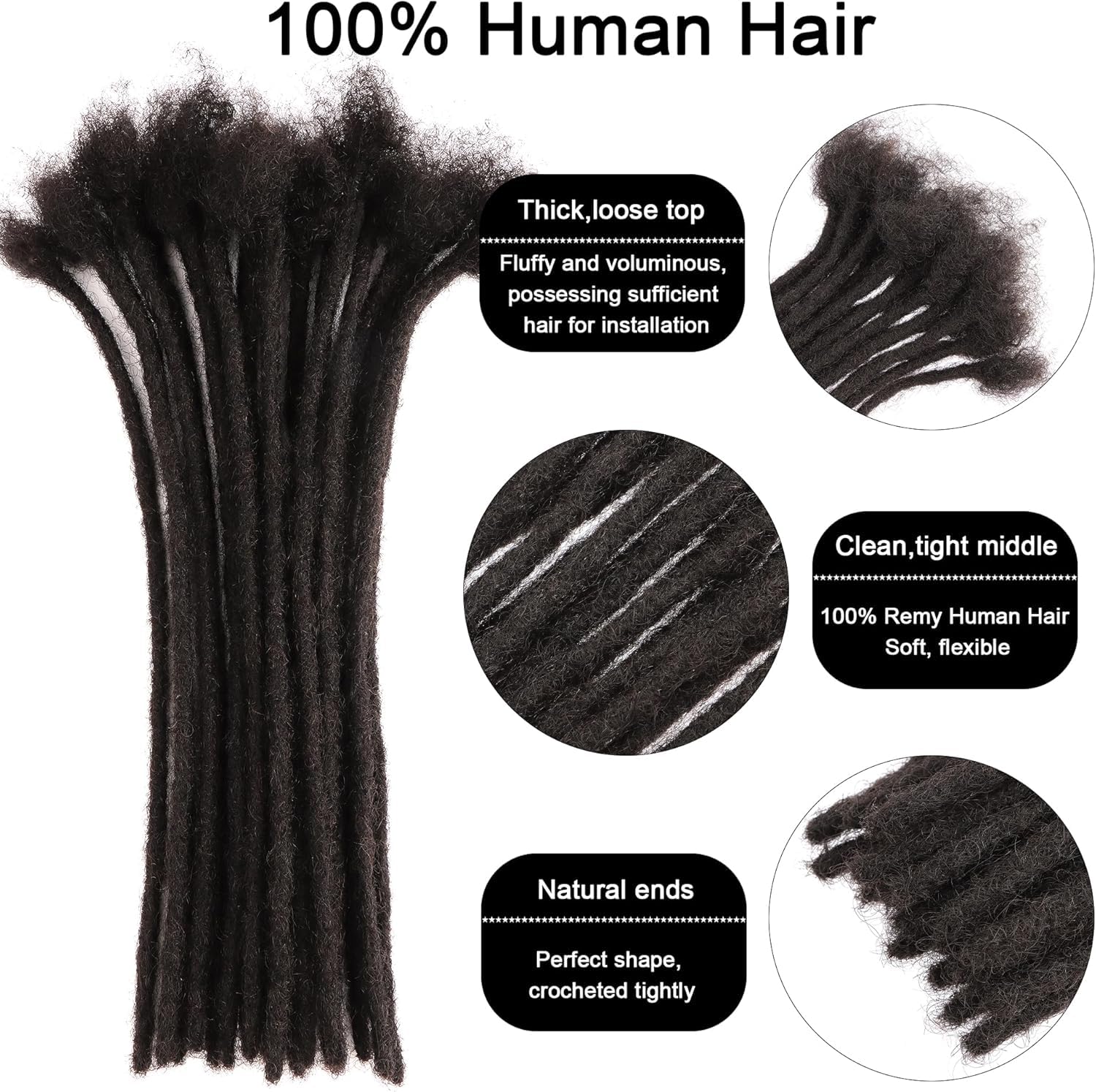 Human Hair Natural Color Handmade Crochet Afro Hair Soft Dreadlocks Extensions 0.4cm 0.6cm 0.8cm Thickness (8in 20 strands, Natural black 0.4cm)