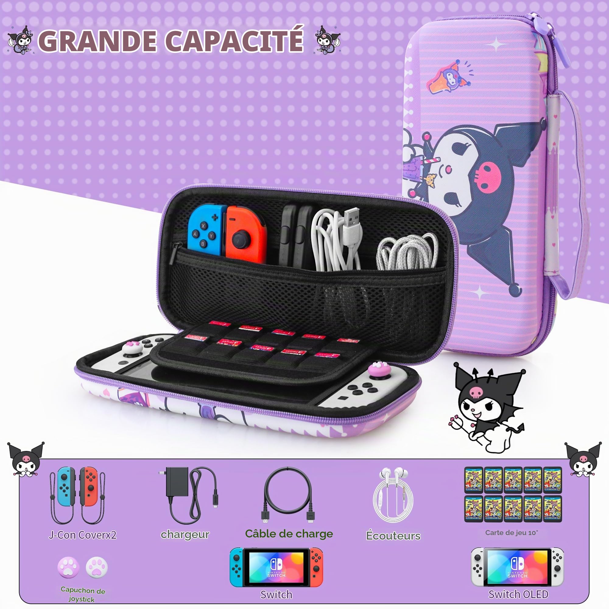HYPERCASE Sac de transport rigide pour console NS/OLED, poignée de contrôleur, rangement d'accessoires avec 10 emplacements pour cartes et 2 capuchons de frappe, lapin de dessin animé violet