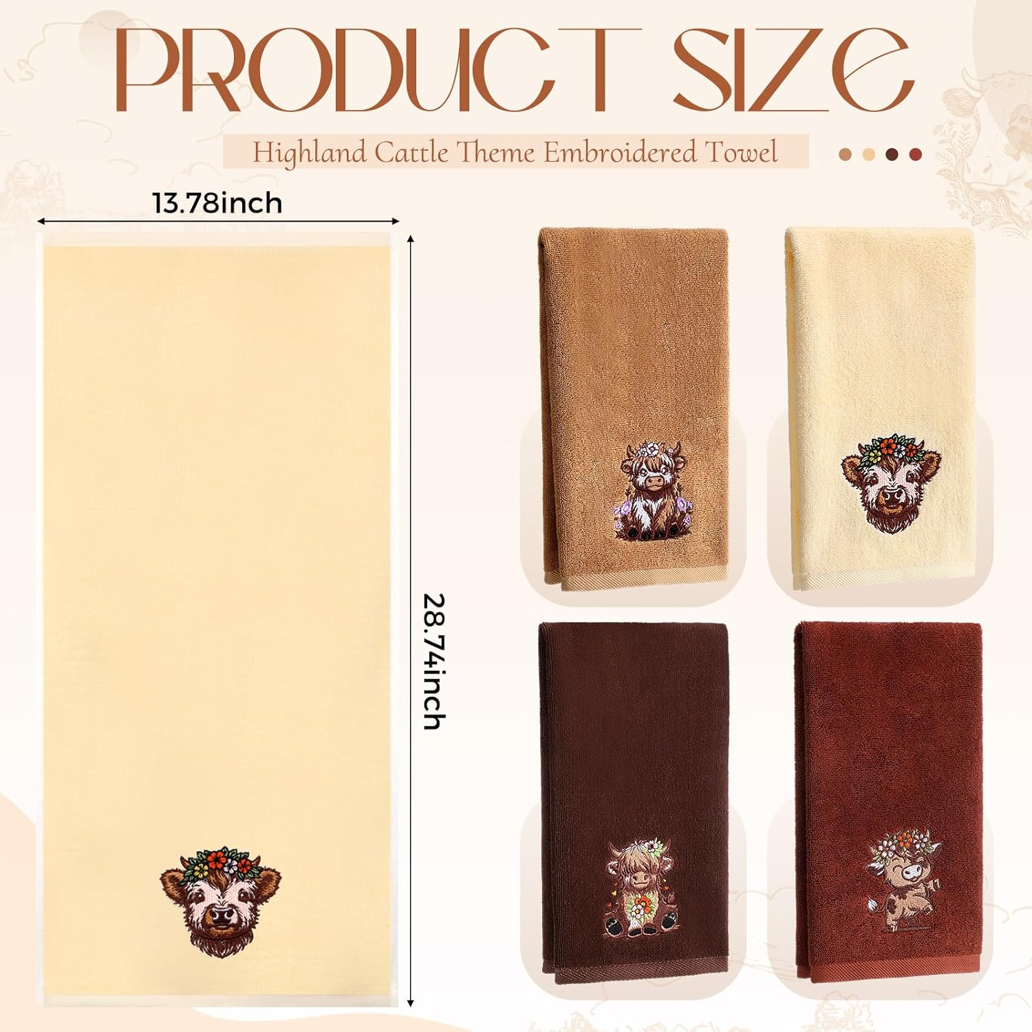 Hahafelt 4 Pcs Highland Cow Hand Towels Embroidered Cows Highland Cow Decorative Cute Embroidered 100% Cotton Soft Absorbent Decor for Holiday Kitchen Bathroom Accessories Housewarming 13.78 x 28.74''