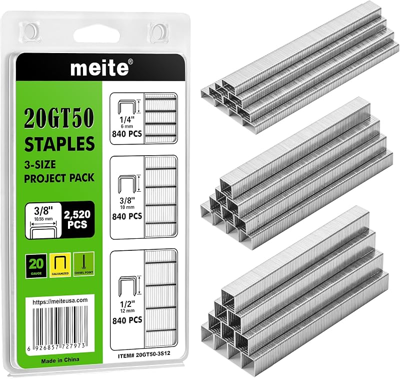 Grapas meite T50, grapas de pierna de 1/4", 3/8" y 1/2" para pistola grapadora, 2520 unidades, galvanizadas, corona de calibre 20 de 3/8 pulgadas, ideal para tapicería, construcción, muebles, manualidades