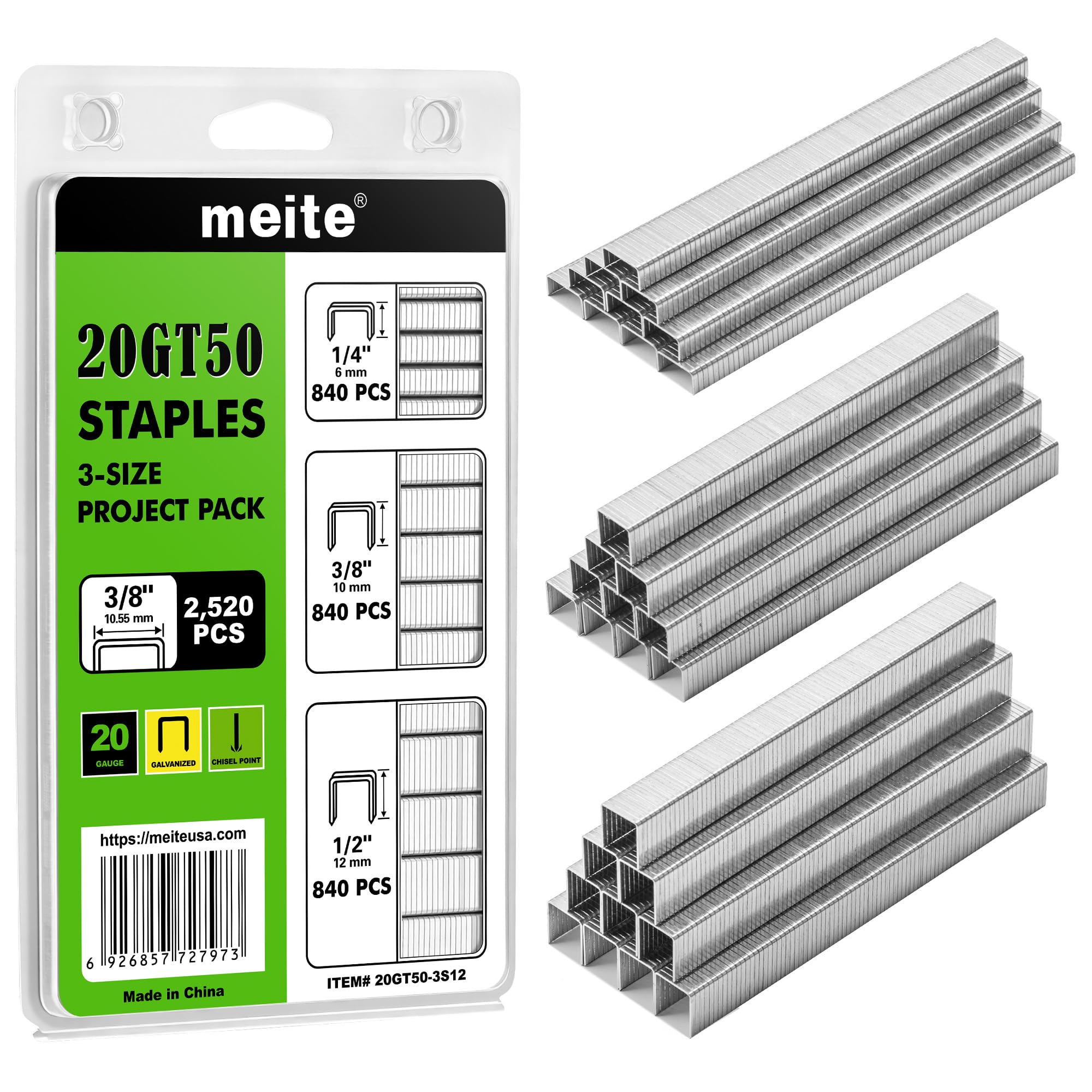 meite T50 140 Staples 3 Sizes 6-12mm Galvanised 10.5 mm Crown 2520 Pcs