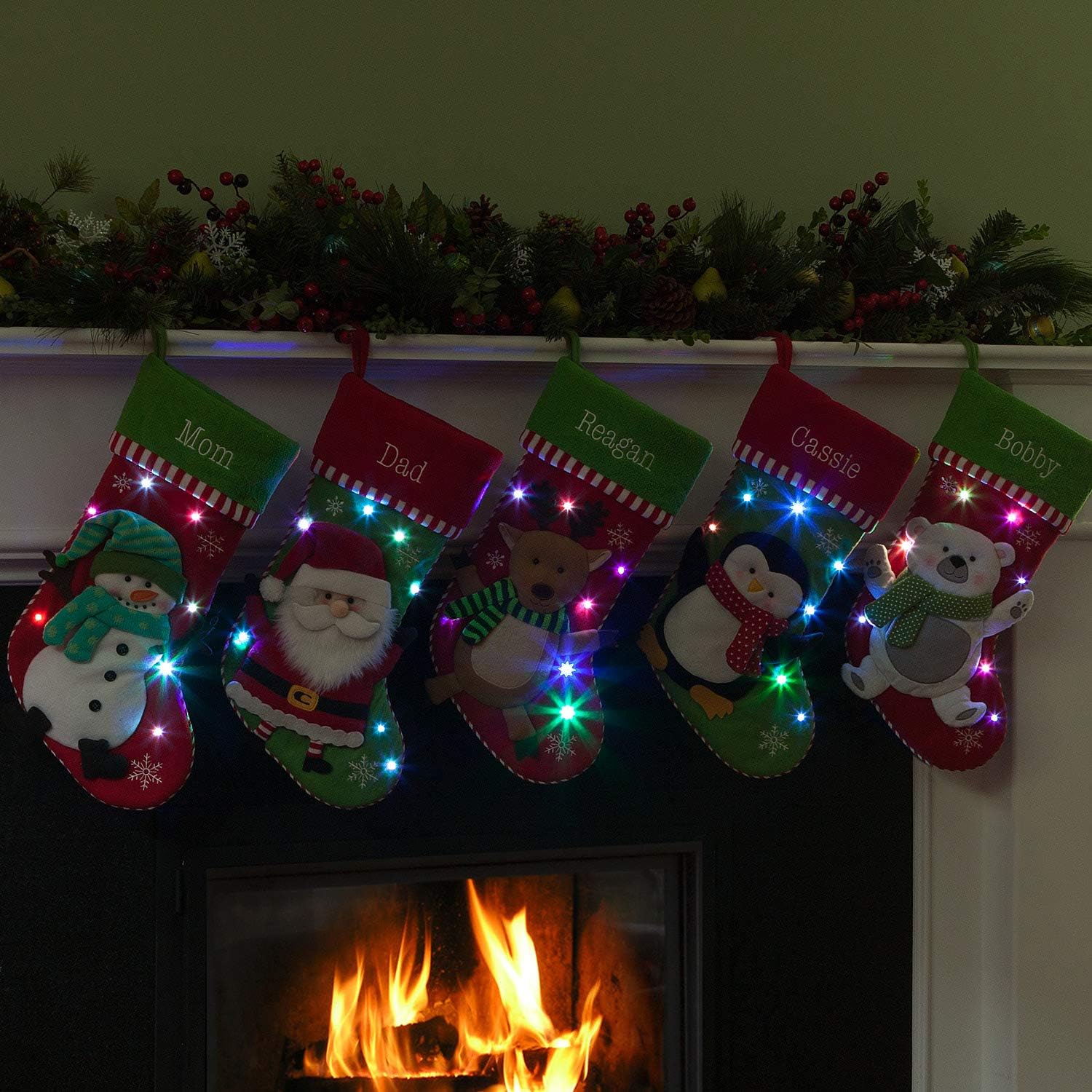 Personalized Planet Reindeer Christmas Stocking with LED Lights and Custom Name Embroidery | 3-D Character Stocking with Colorful Twinkling Lights | Green Cuff | Festive Home Décor | Ready to Hang