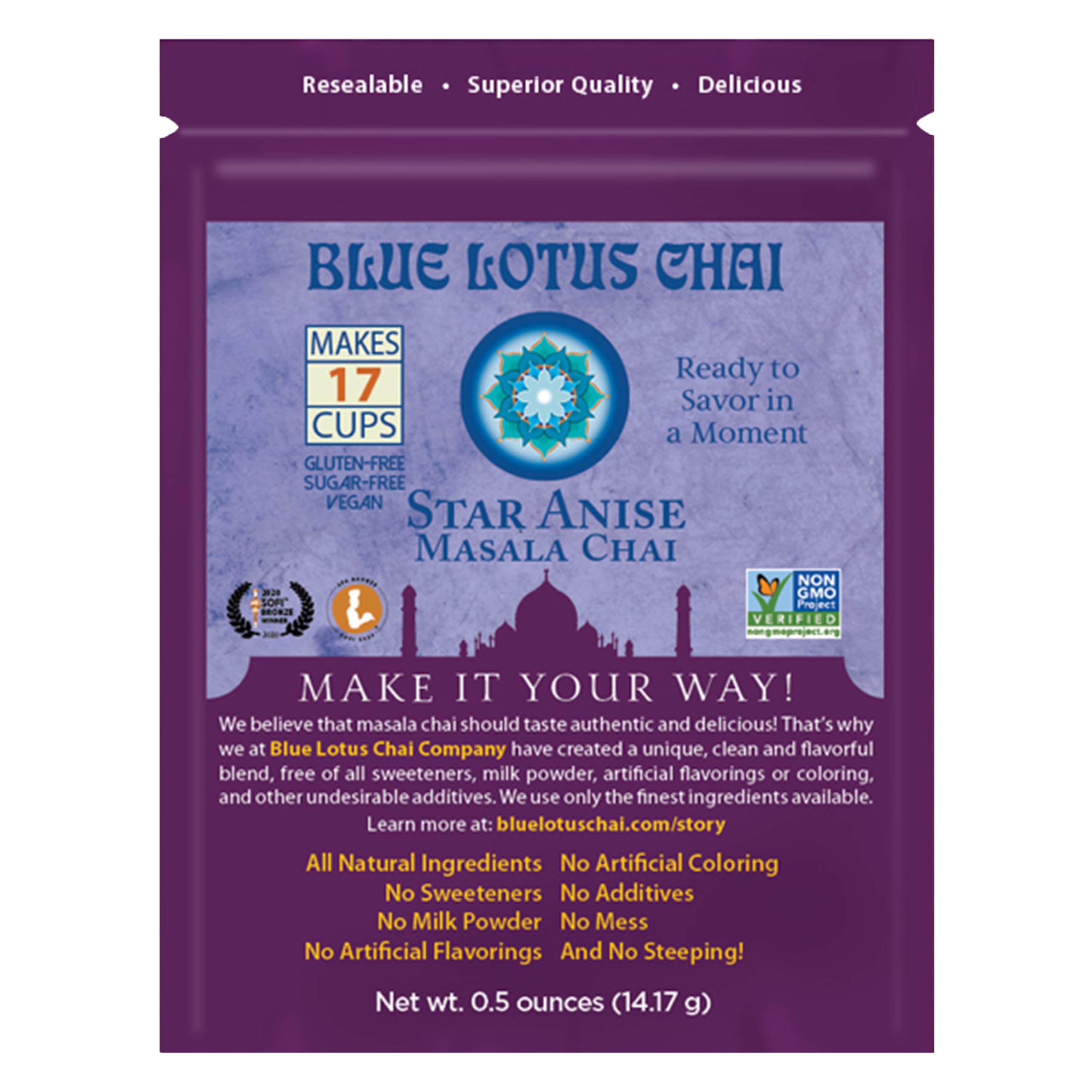 Blue Lotus Chai - Star Anise Masala Chai - Makes 17 Cups - 0.5 oz Pouch Masala Spiced Chai Powder with Organic Spices - Instant Indian Tea No Steeping - No Gluten