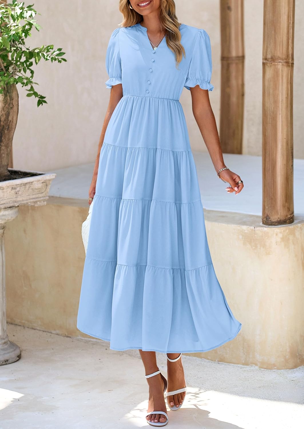 PRETTYGARDEN Women's Summer Casual Short Sleeve V Neck Midi Dresses 2025 Spring A-line Tiered Wedding Guest Dress - Image 5