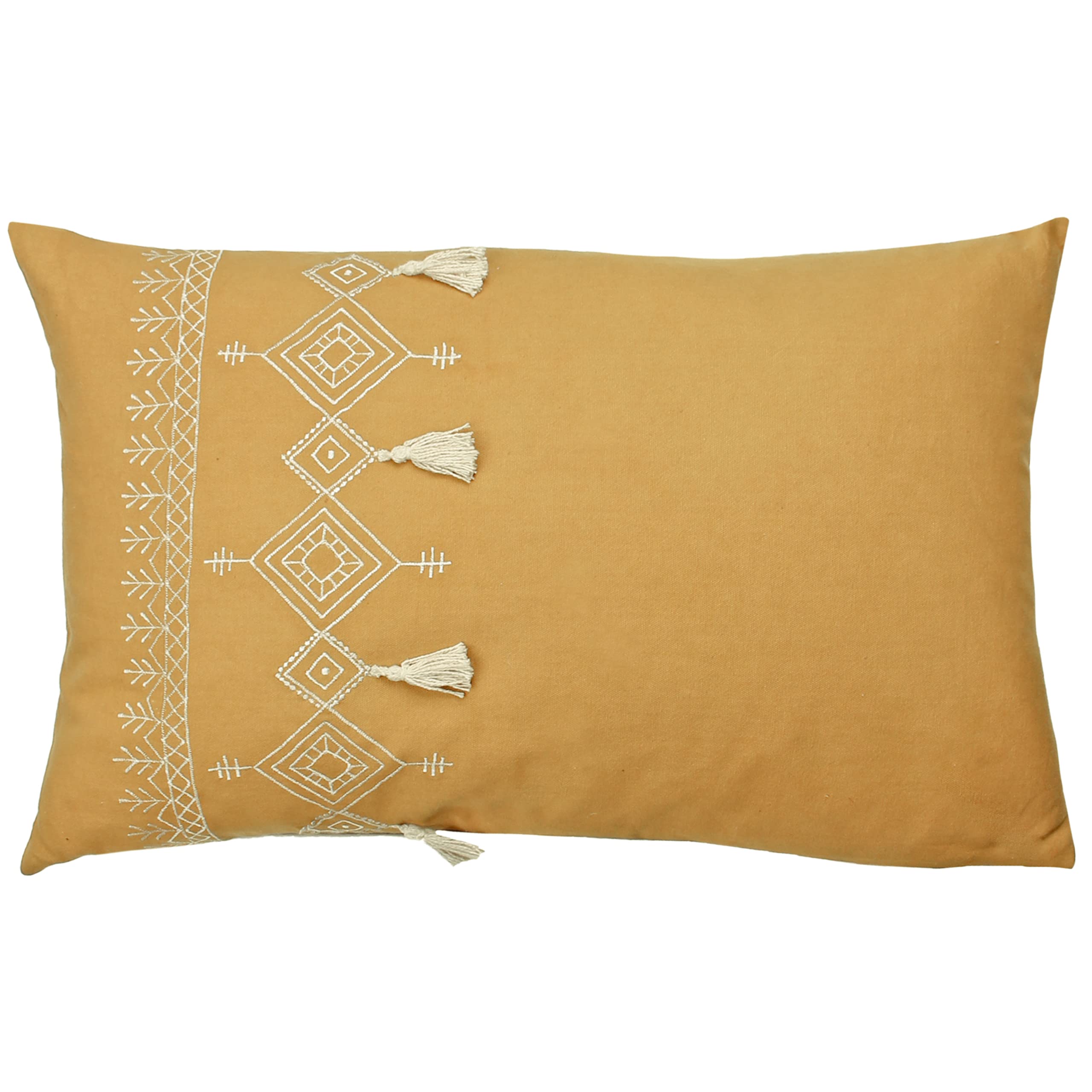 furn. Pritta Cushion Cover – Bohemian Geometric Embroidered Cotton Tassel Trim Case (Mustard – 40x60cm)
