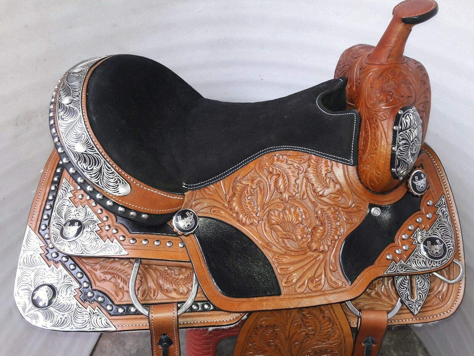 Equestrian Universe - Sella Western in pelle con angolo argentato canchos