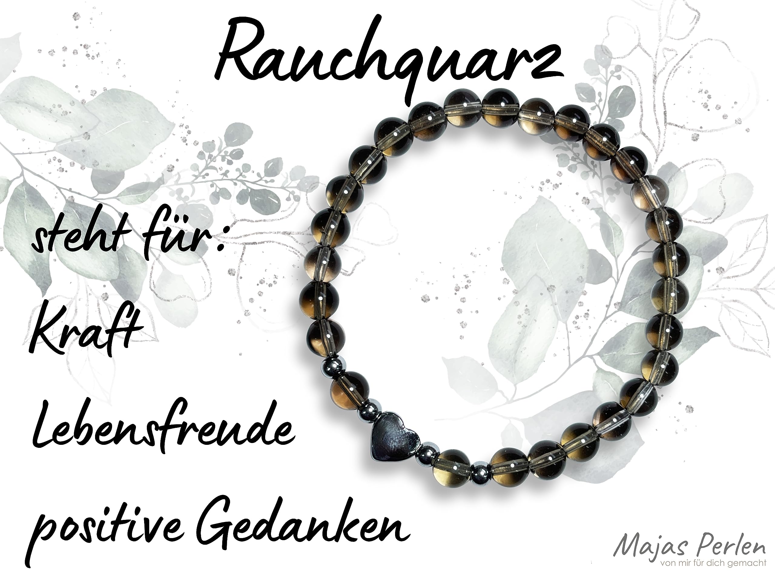 Rauchquarz Armband Perlen echt 6mm Herz Edelstahl Silber Gold Roségold oder Ionisiert - Handmade Perlenarmband Kraft Lebensfreude positive Gedanken - Spiritueller Schmuck Damen Mädchen