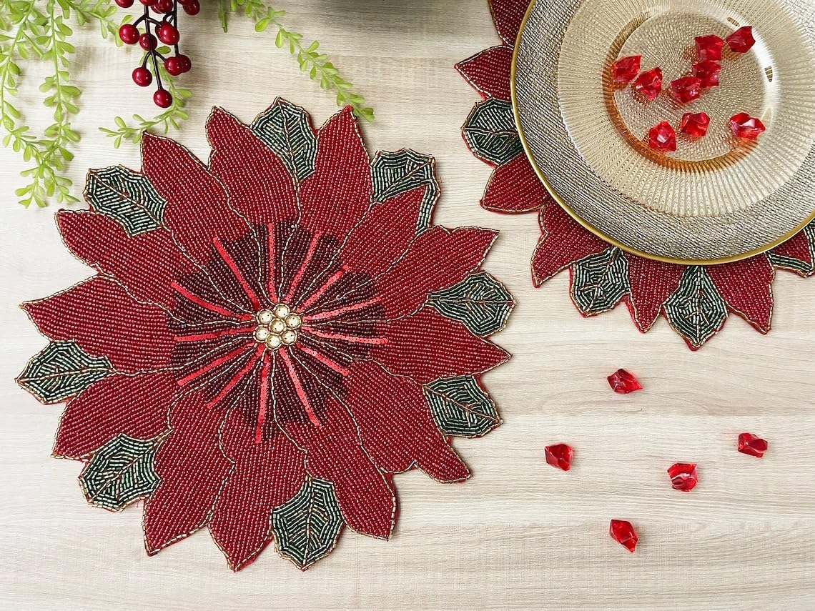 Enliven Christmas Poinsettia Beaded placemat, Gift for her, Christmas placemat | Set of 6