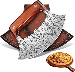 ROCOCO Pizza Cutter Ulu Knife – Full Tang Mezzaluna Rocker Chopper with Sheath for Kitchen, Camping, BBQ, Christmas Gifts for Men Women