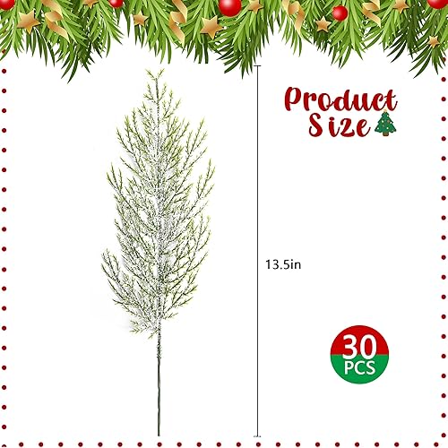 Miniatura 9 de Alpurple 50 ramas de pino esmerilado de nieve de Navidad, ramas de pino artificial nevadas de 13.5 pulgadas, ramitas de cedro verde, tallos de pino