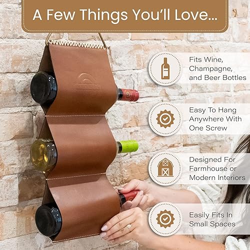 Miniatura 4 de WALBROOK Botellero pequeño de cuero para pared, soporte para 3 botellas, ahorro de espacio, regalos de vino