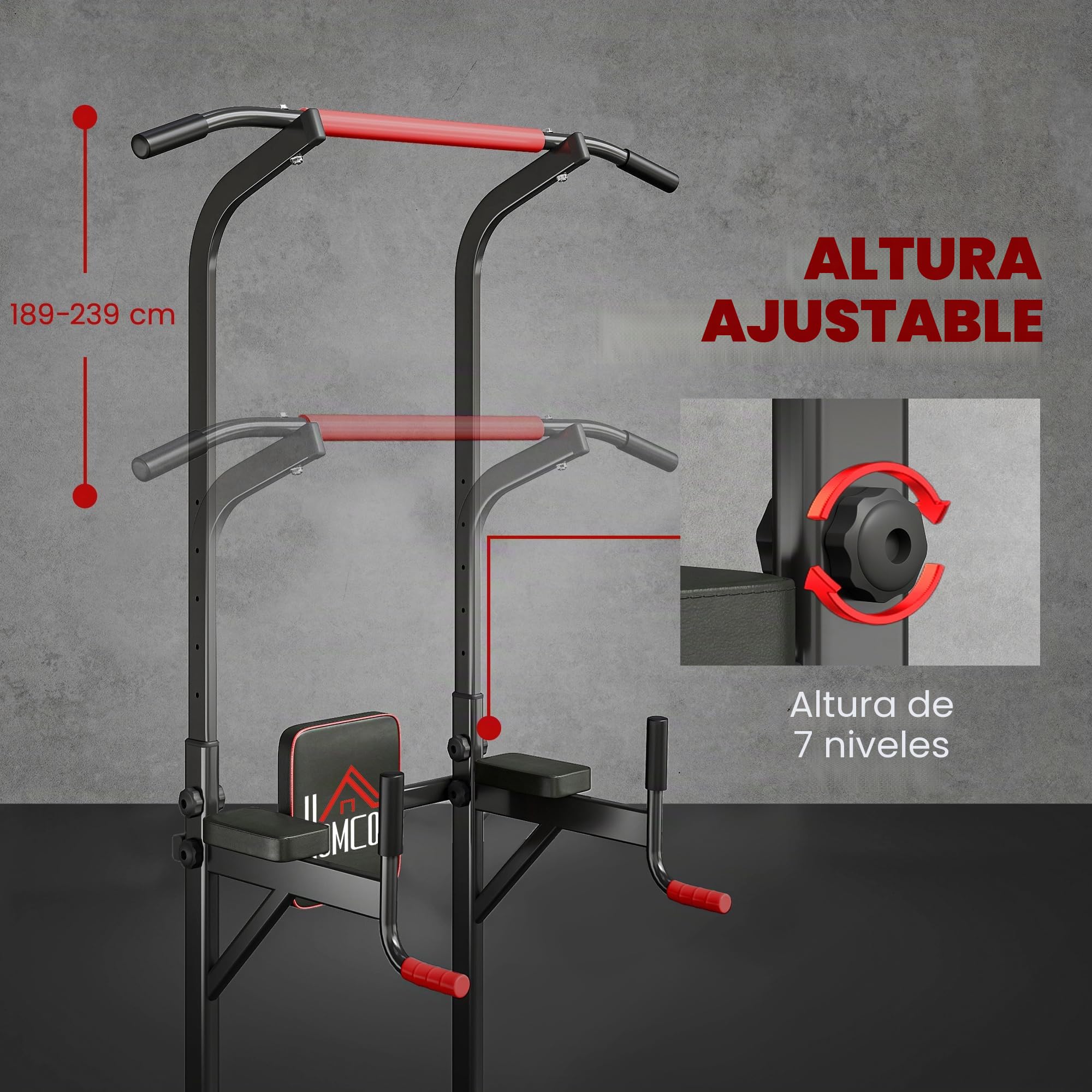 HOMCOM Barra de Dominadas Altura Regulable con 7 Orificios Torre de Ejercicios Estación Multifuncional para Entrenamiento Fitness Casa Gimnasio Oficina Carga 120 kg 123x98x189-239 cm