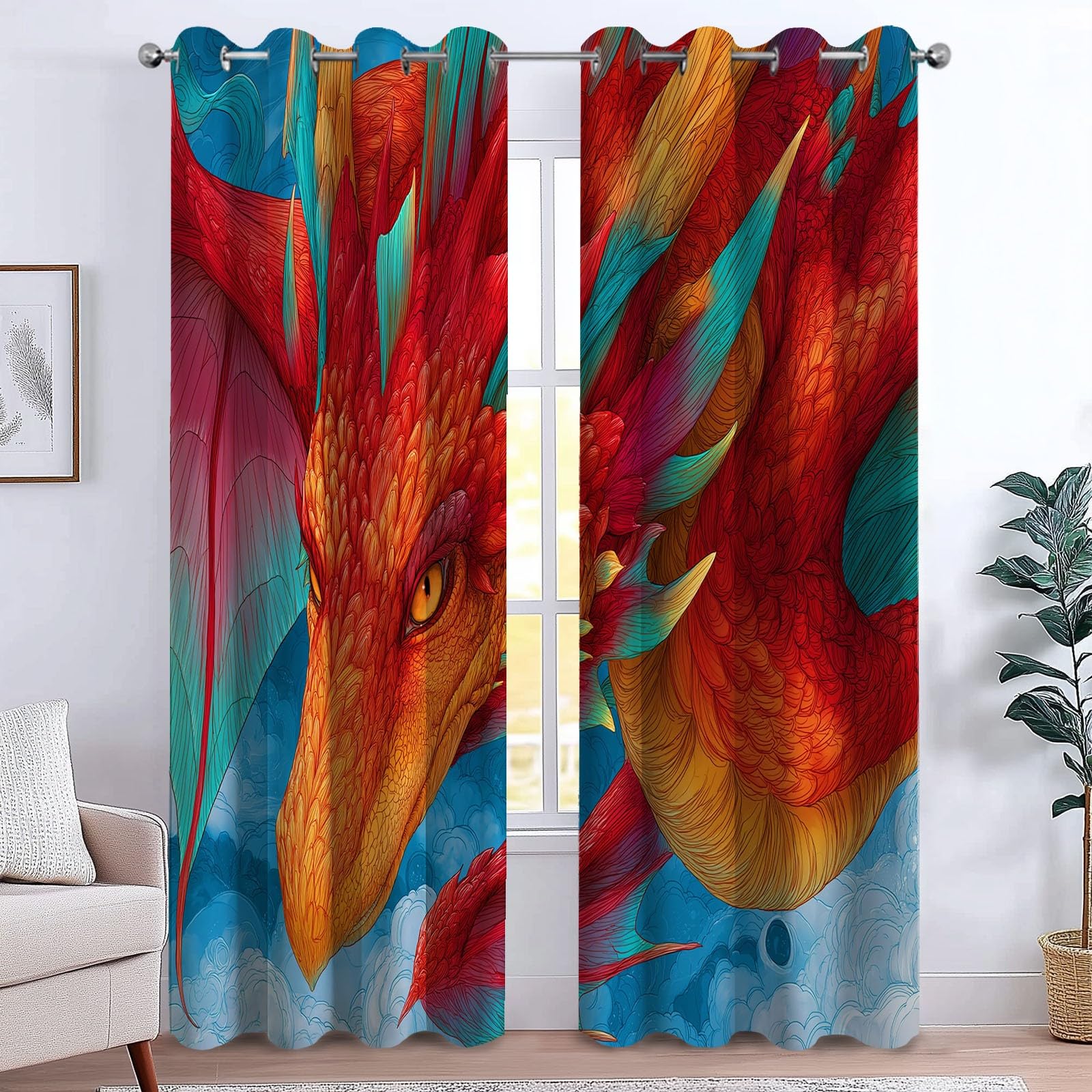 Generico 110 x 215 cm Zasłony 2 panele, anime morze chmury niebo smok zasłony zaciemniające do okien, niebieskie zielone zasłony dekoracyjne dla dzieci chłopców dziewcząt sypialnia i salon kuchnia