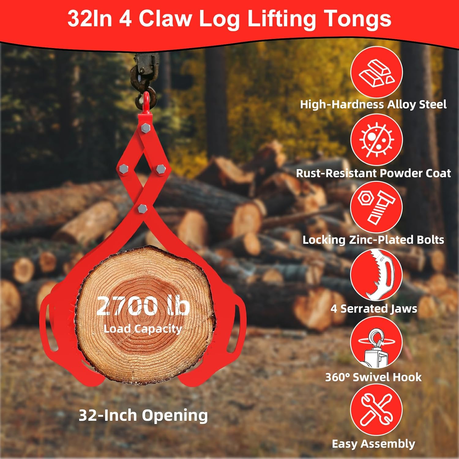 Log Lifting Tongs 32 Inch - 2700LBS Load Capacity Heavy Duty Log Grapple with 4 Serrated Claw Hooks & Handles, Logging Tongs for Tractors, Trucks, Forklifts, Red 32IN-Red