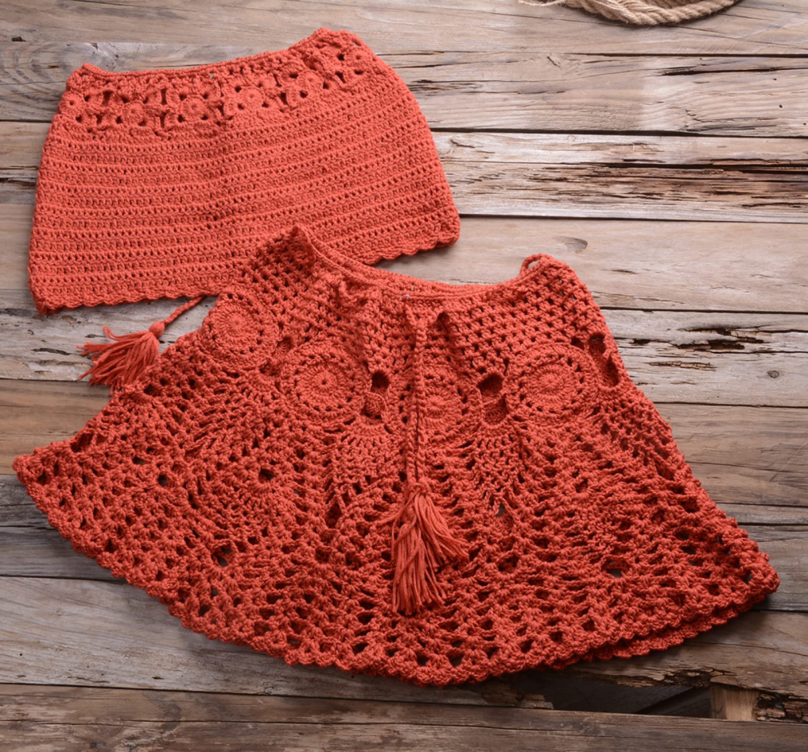Verano Sexy Hombro Crochet Bikini Conjunto Top Y Falda Traje De Baño Mujeres Alta Cintura Color Sólido Traje De Baño Moda Hueco Ropa