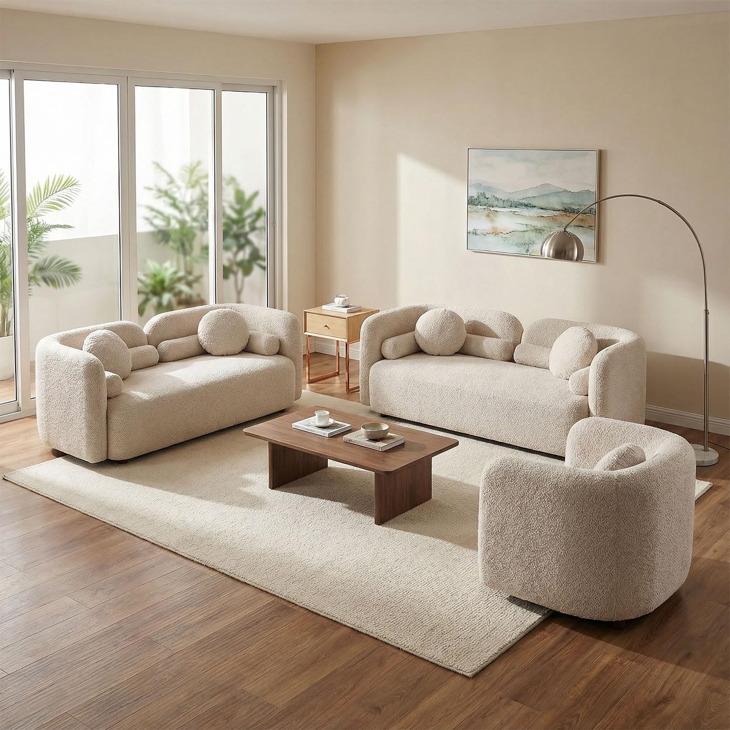 69.29" Curved Sofa Set, 2 Loveseats &amp; Accent Chair, Beige