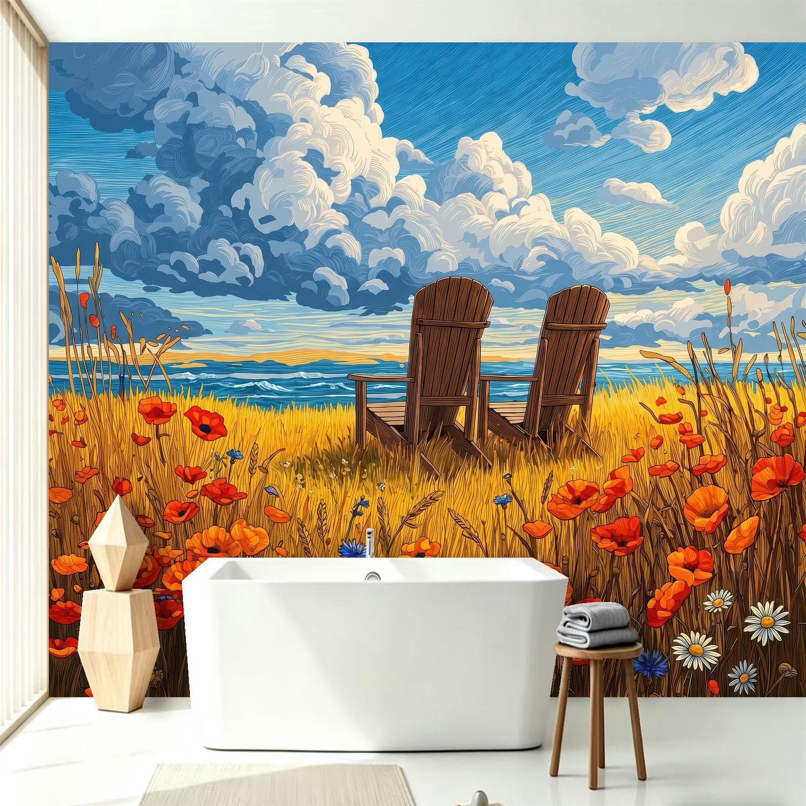 Kreskówka sielankowa fototapeta - 250 x 175 cm (szer. x wys.) fototapeta - trawa plażowa drewniane krzesło dekoracyjna tapeta do salonu, sypialni, biura i kuchni