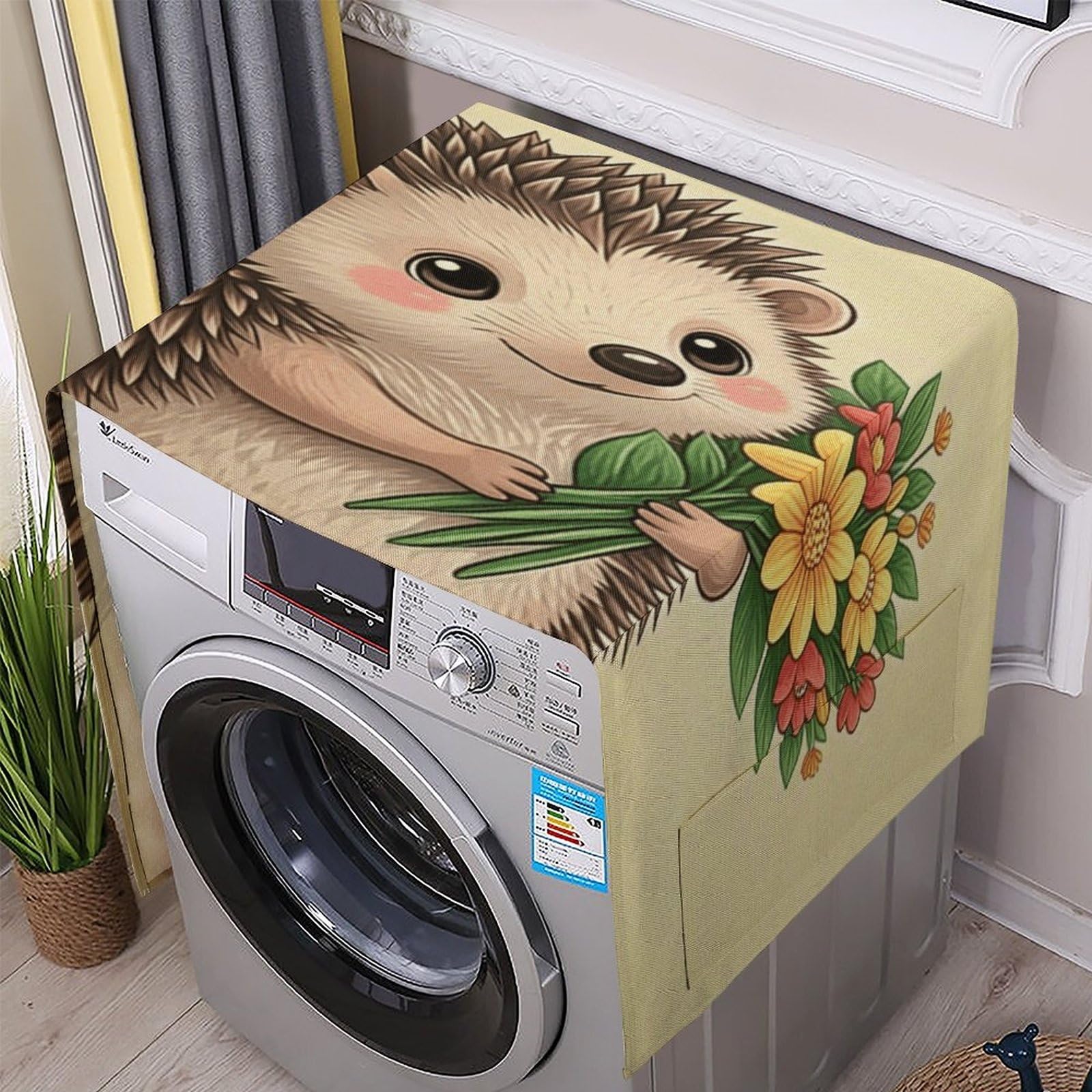 Fodpand White Washing Machine Cover For Top Load Dustproof Hedgehog Washer And Dryer Cover With Storage Pockets Household Appliance Covers Washable Top Protector Mat Pad For Laundry & Kitchen