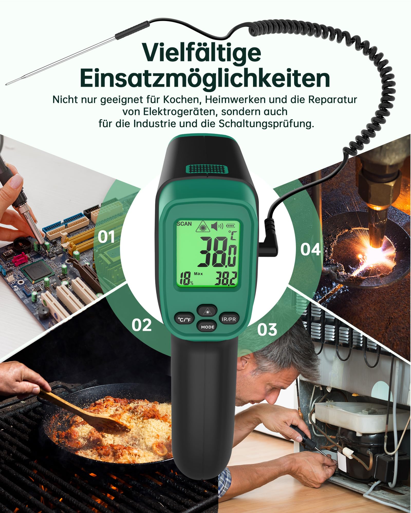 ERICKHILL Infrarot-Thermometer -50°C bis 800°C, berührungsloses digitales Laserthermometer mit -50°C bis 300°C Fleischsonde, einstellbarer Emissionsgrad – geeignet zum Kochen/Grillen/Einfrieren