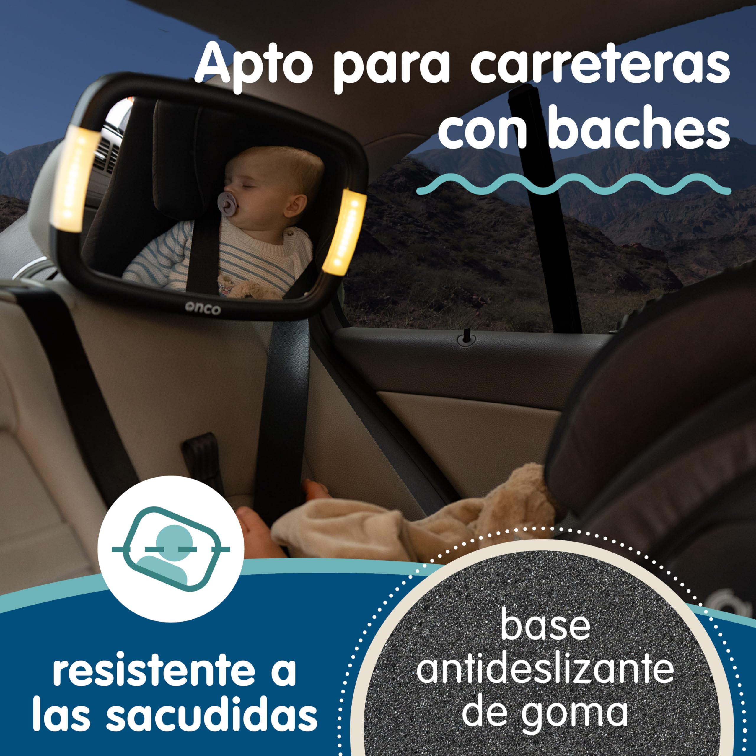 Onco Espejo Coche Bebé Con LED - 2 Modos de Luz Ambiental, 100% Irrompible, Ajuste Universal y Orientable 360°, Asiento Trasero, Retrovisor, Accesorios