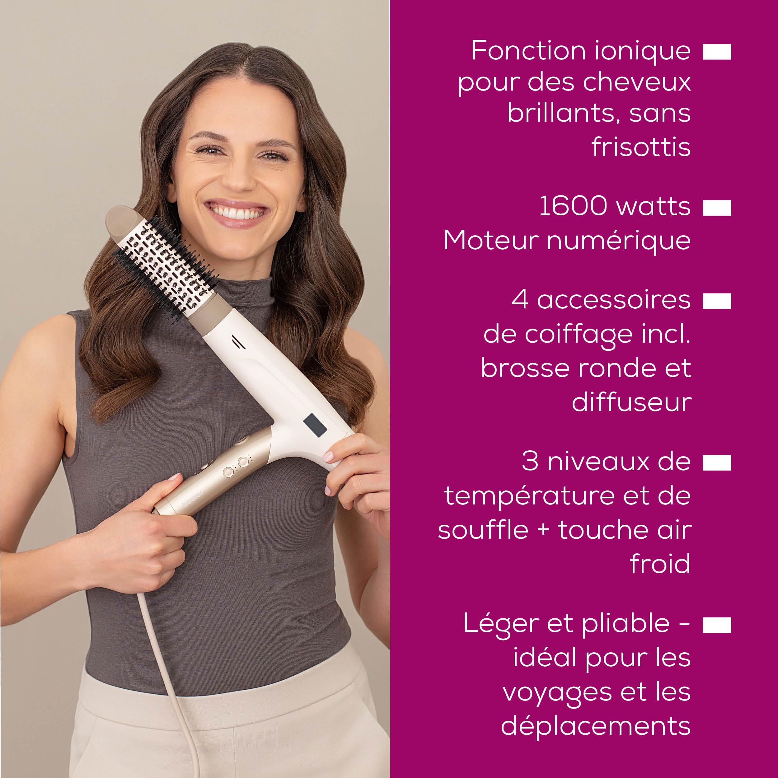 Beurer HC 150 FusionDry Pro Sèche-cheveux, sèche-cheveux ultra-léger avec moteur numérique puissant, poignée pliante ergonomique idéale pour les voyages, incl. 4 accessoires de coiffage