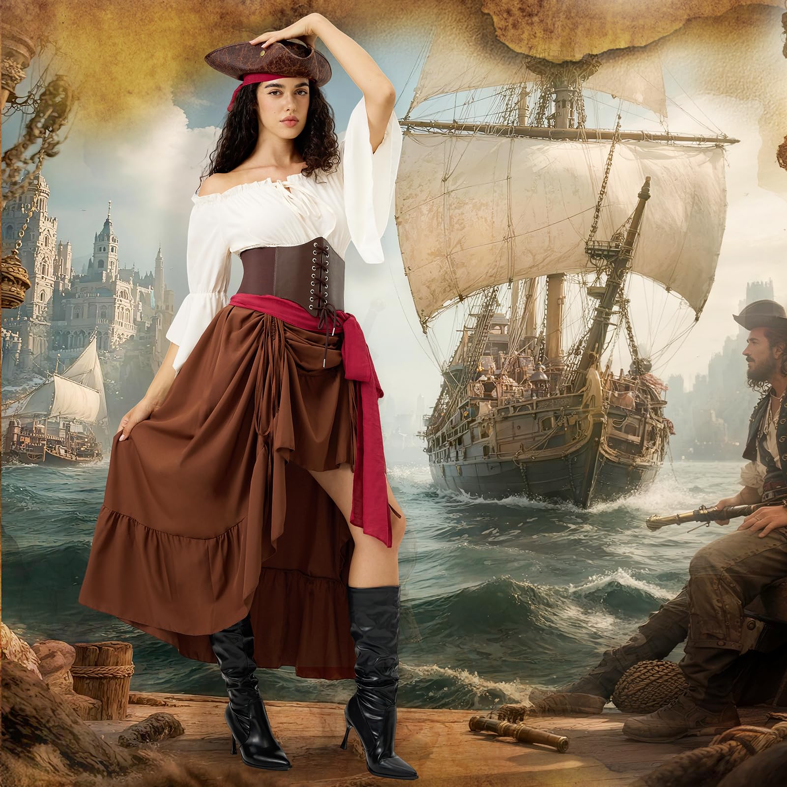 Piratenkostüm Damen, Mittelalter Piraten Kostüm Set, mit Piraten Accessoires Piraten Kopftuch, Taillengürtel, Mittelalter Kleid Damen mit Piraten Korsett, für Karneval Fasching, Halloween, Mottoparty