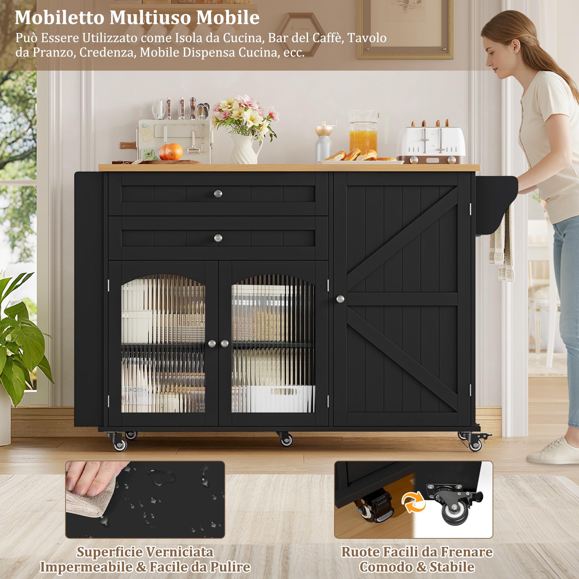 FirFurd Isola Cucina con Piano di Lavoro Pieghevole 132x40x97,5 cm Nero