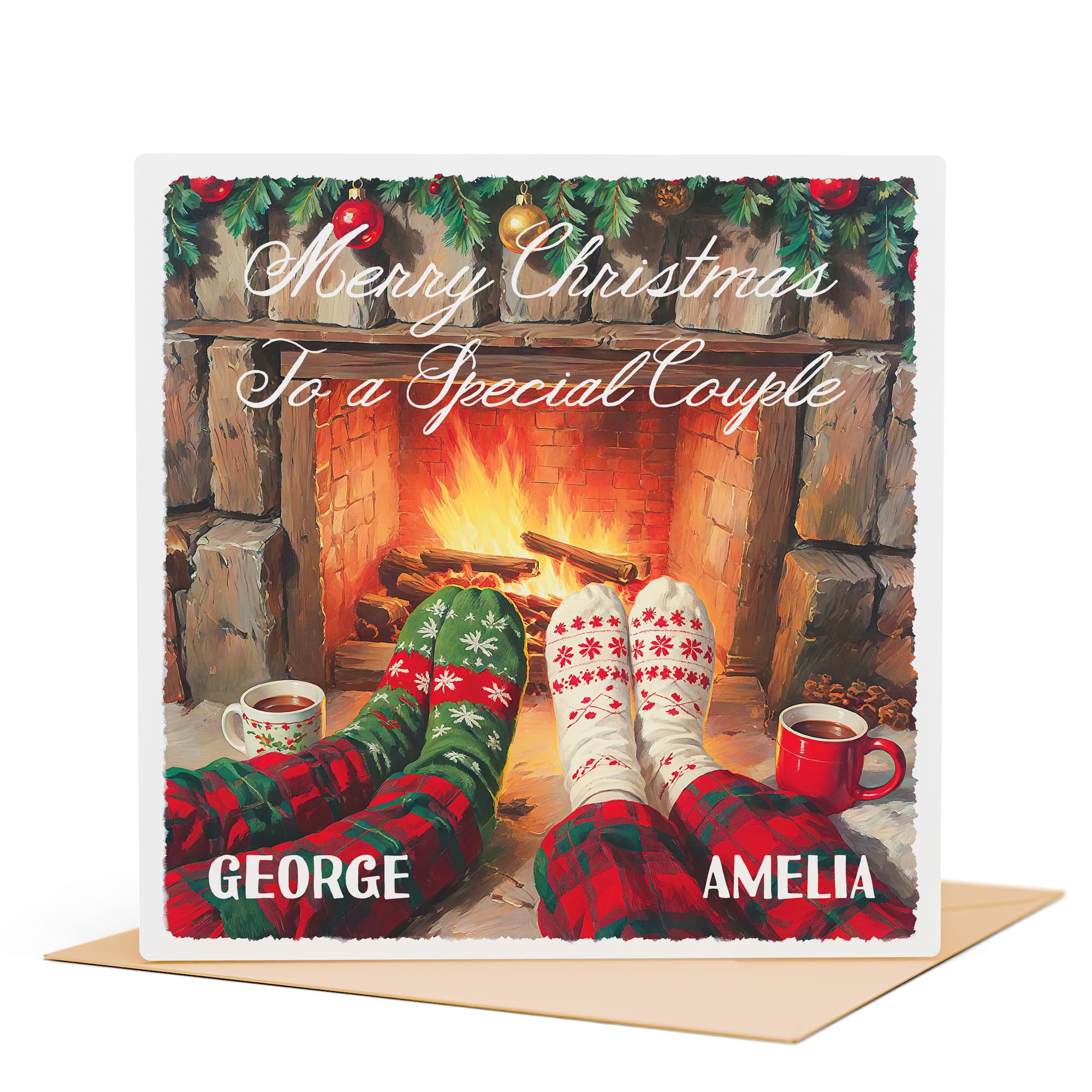 Merry Christmas to a Special Couple Card – Personalised Greeting Card with Two Names & Custom Message Inside – Cosy Fireplace Design – Square 148mm with Envelope