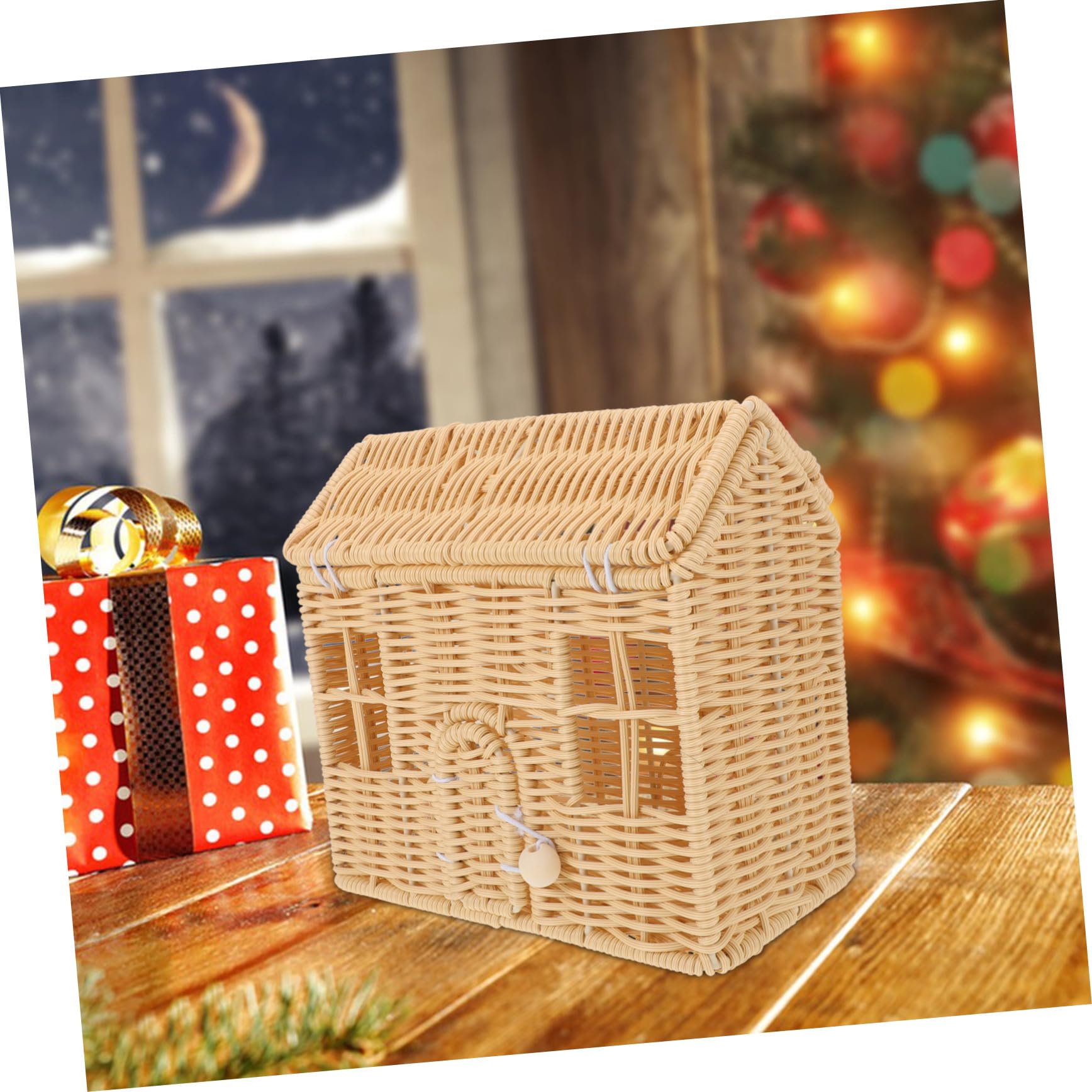 Cesta de Navidad con Asas Cesta Tejida Artesanal Forma de Casa para Snacks y Regalos Decoración Festiva para Fiestas y Celebraciones