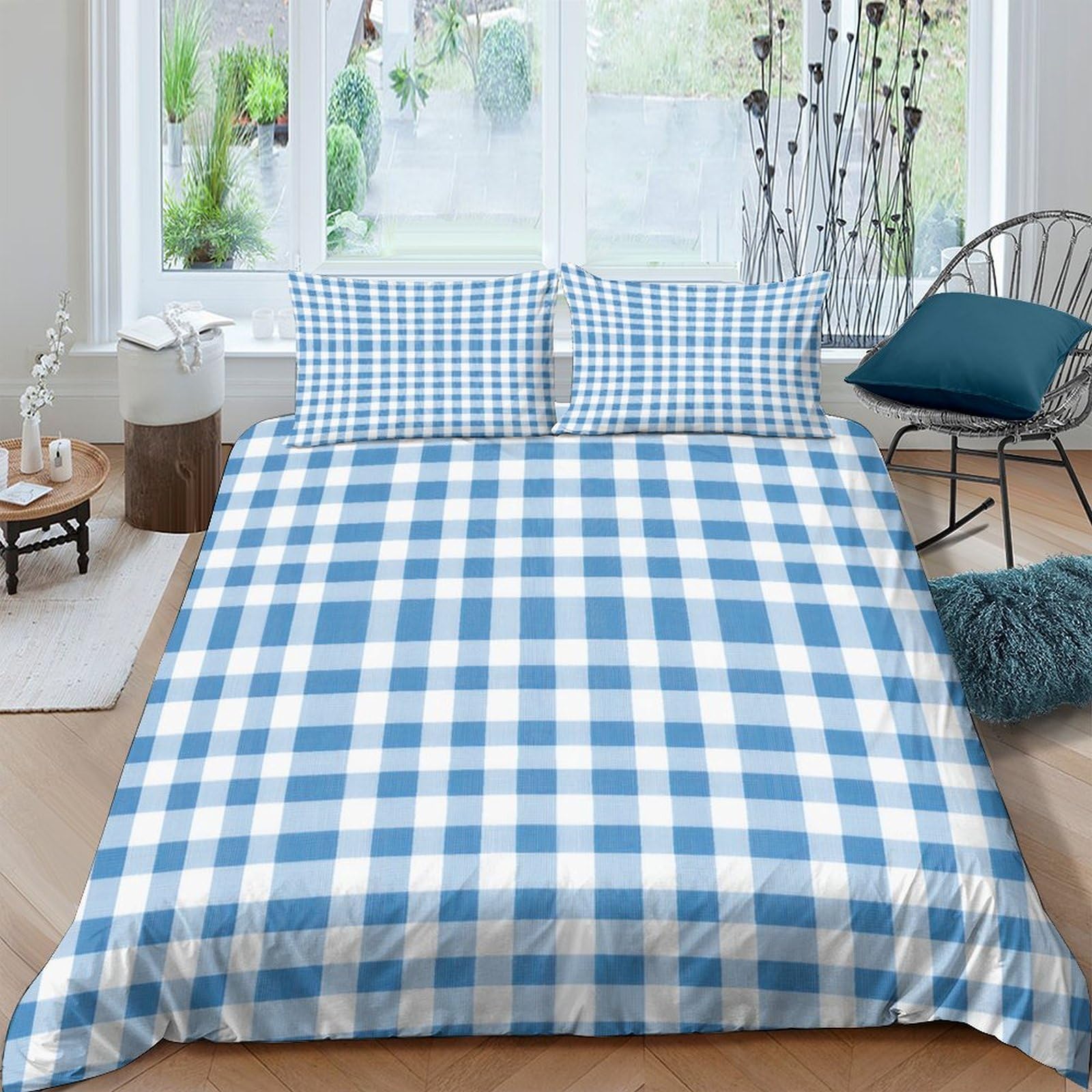 Ctjqhvkz Style-2 3D Printed Blue Plaid Fitted Sheet Microfiber Soft Non-Slip Gingham Bed Cover For Bedroom Guest Room Decor Single（135X200cm）