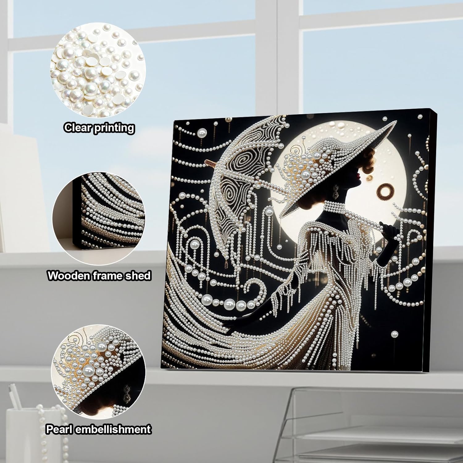 DIY Pearl Painting Kit with Wooden Frame, 3D Plastic Pearl Gemstone Ocean Art Craft for Adults Beginners, Diamond Art Kits for Adults, Home Wall Decor Ready Gift for Women(Umbrella Lady)(30 * 30cm)