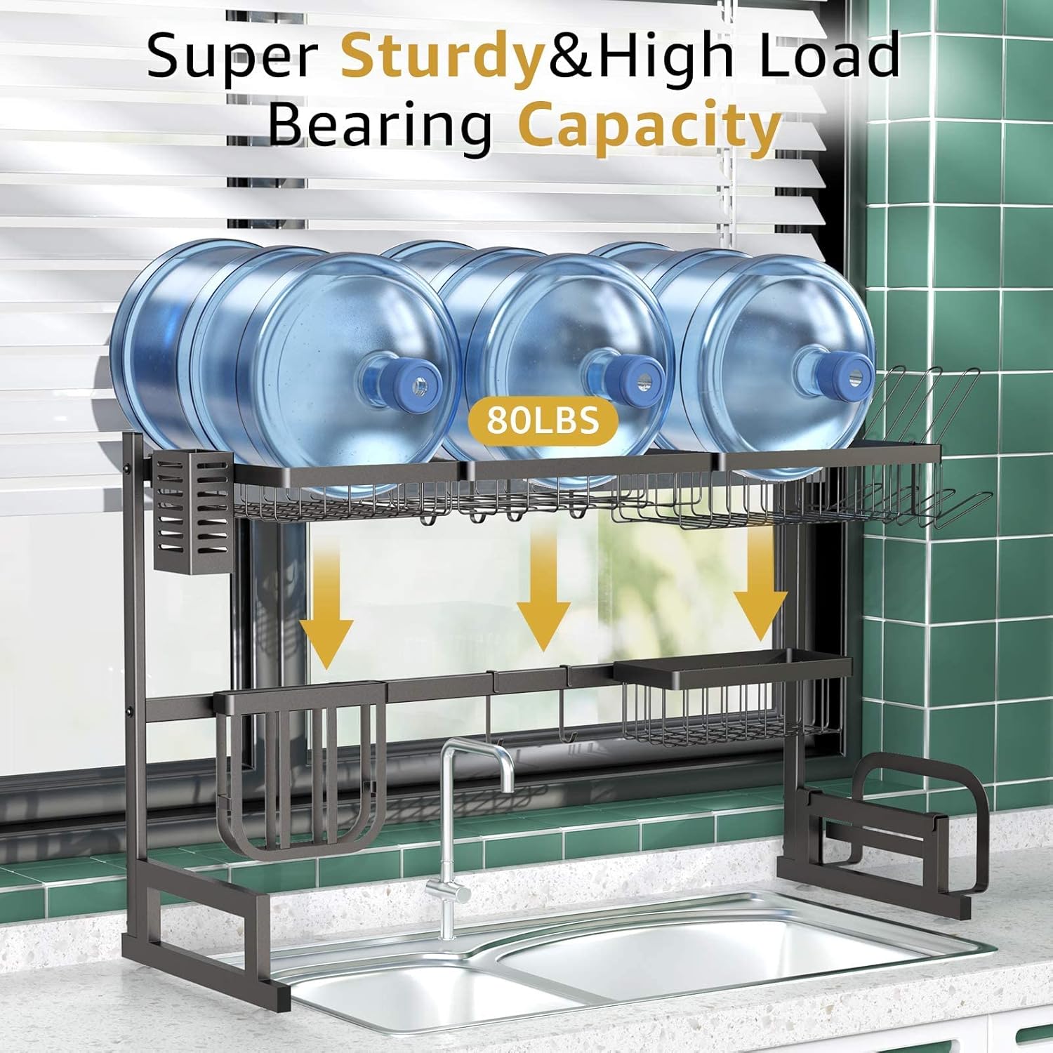 BASSTOP Over The Sink Dish Drying Rack, 2-Tier Dish Rack Width Adjustable Dish Drainer for Kitchen Organization Storage Shelf Dish Dryer Rack Utensils Holder for Countertop with 5 Utility Hooks -