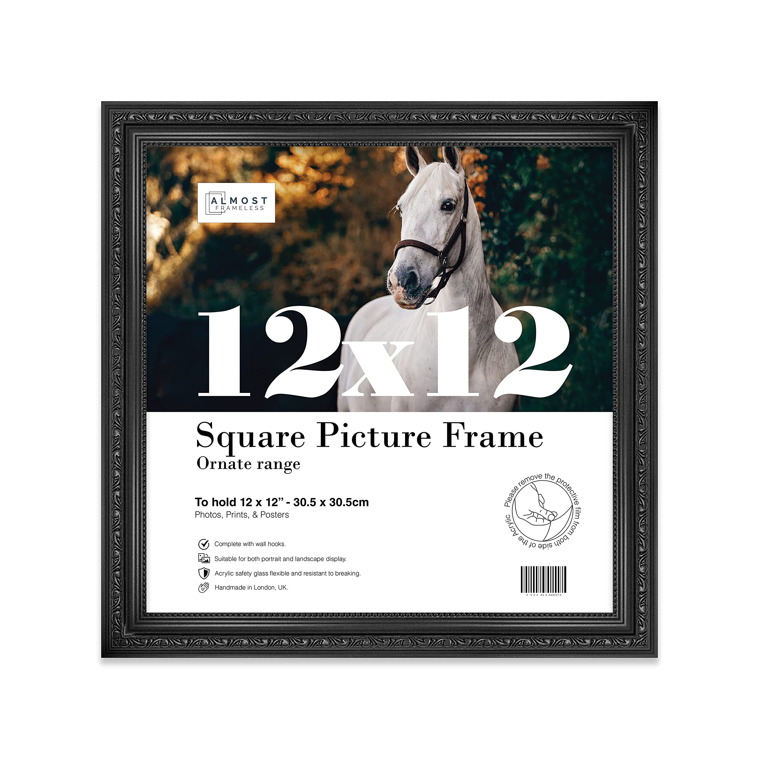 Almost Frameless 12x12 Black Ornate Picture Frame 12"x12"(30.5x30.5cm) Poster, Photo, Artwork, or Print. Opulent Style Portrait and Landscape Display with Wall Hooks
