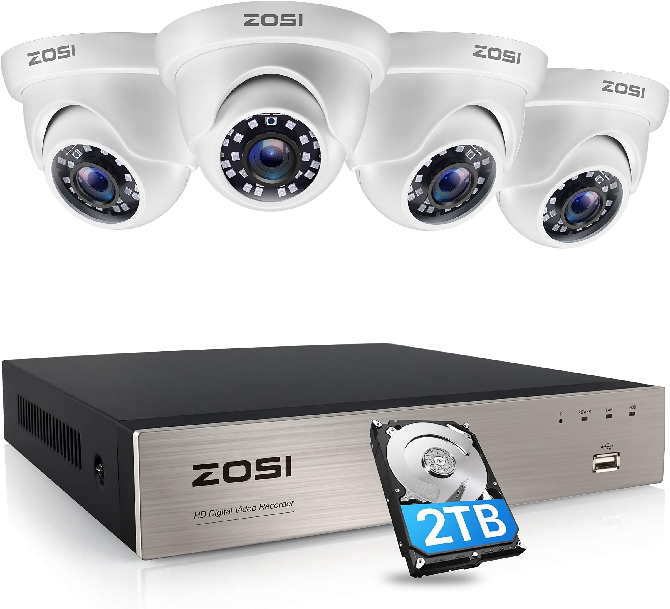 ZOSI 1080P CCTV Security Systems 8 Channel DVR Recorder with 2TB Hard Drive, 4pcs 2MP Surveillance Camera Kit, 80ft Night Vision IP66 Weatherproof, Smart Motion Detection