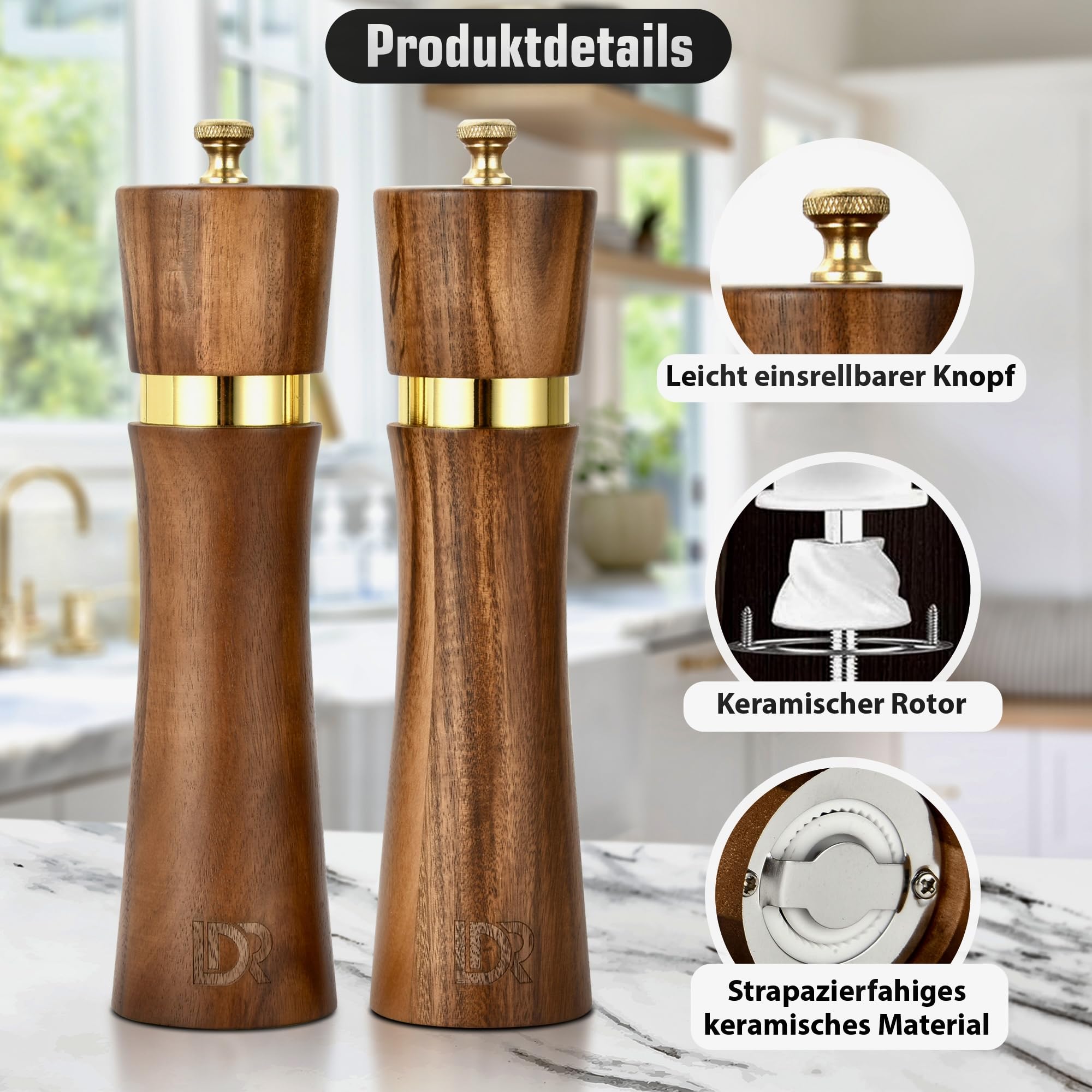 Salz- Und Pfeffermühlen-Set Aus Akazienholz – Nachfüllbar, Mit Verstellbarem Keramikmahlwerk, Inkl. Holztablett, Geschenkidee