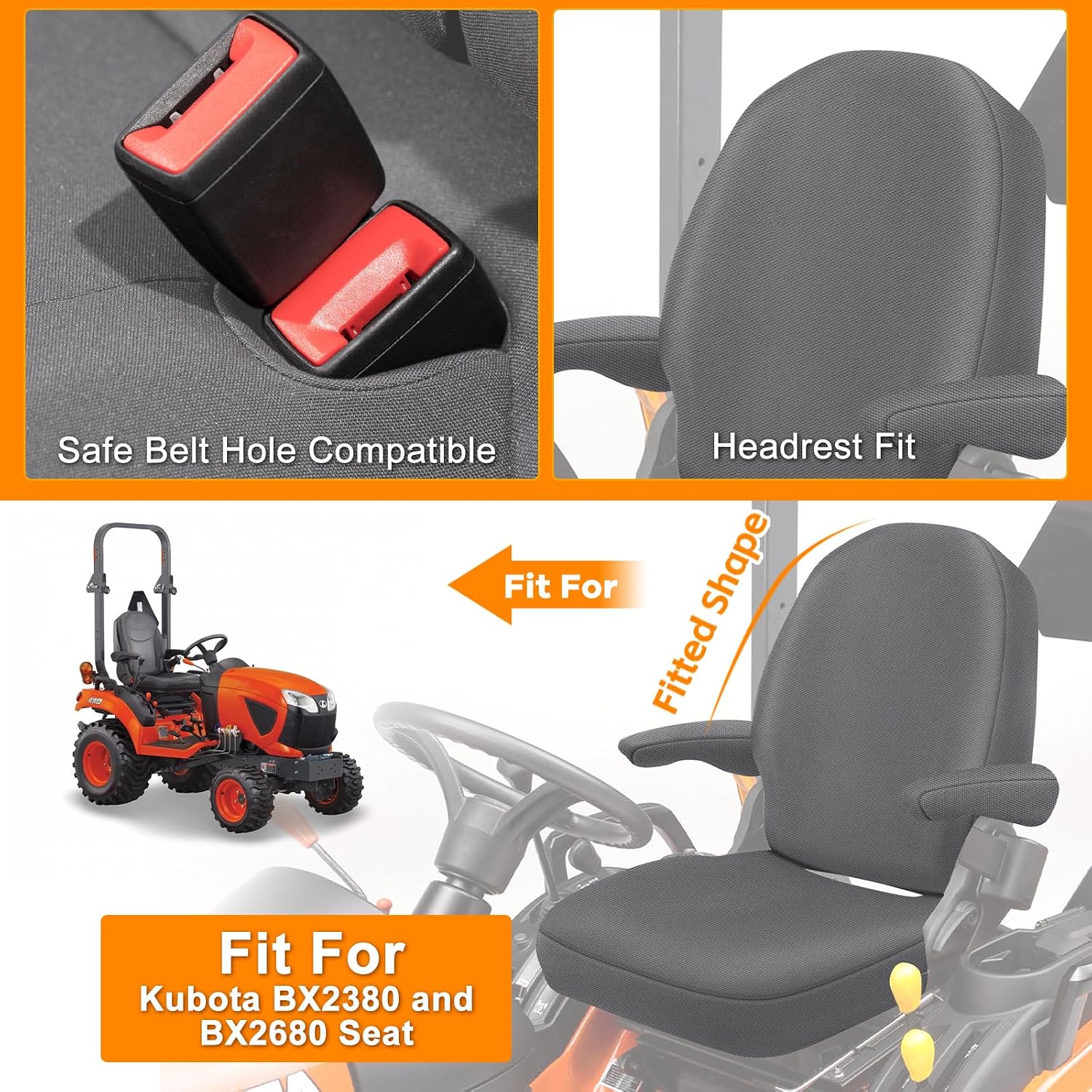 Tractor Seat Cover Compatible with Kubota BX2380/BX2680, Heavy Duty Knitted Sponge Seat Cover with Armrests & Tool Pockets, Charcoal
