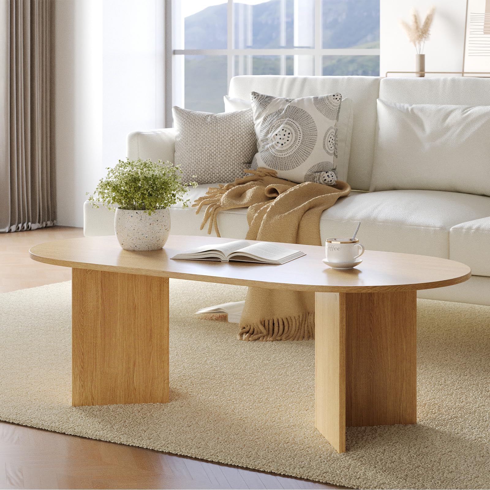 YOUDENOVA Mesa de centro ovalada de madera moderna, mesa de salón con estante, mesa de café, mesa pequeña para salón, roble natural, 120 x 60 x 40 cm