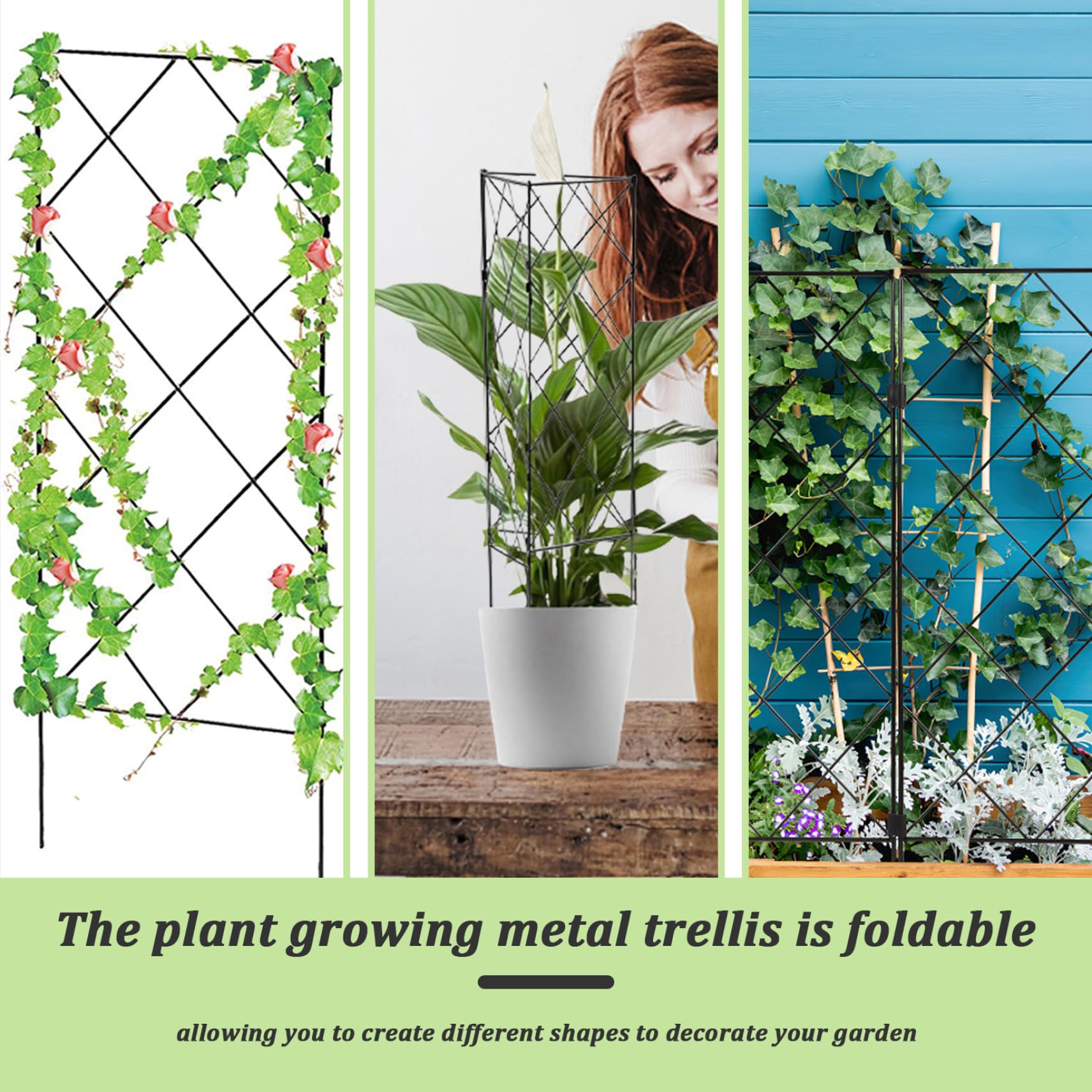 Enrejados para trepar plantas, marco de enrejado de 3 piezas para jardín, flores, soporte de cultivo de plantas, de metal, enrejado de hierro, plegable, color negro