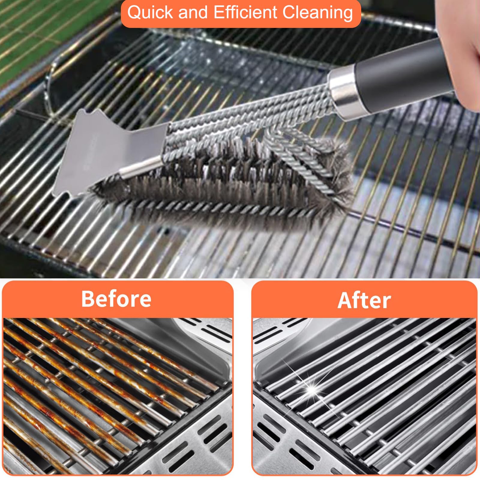 3 Pezzi Spazzola Barbecue 3 In 1 Spazzole per Griglia Acciaio Inossidabile Spazzola per Pulizia Barbecue con Raschietto e Manico Spazzola BBQ per Griglia a Gas Carbone Elettrico