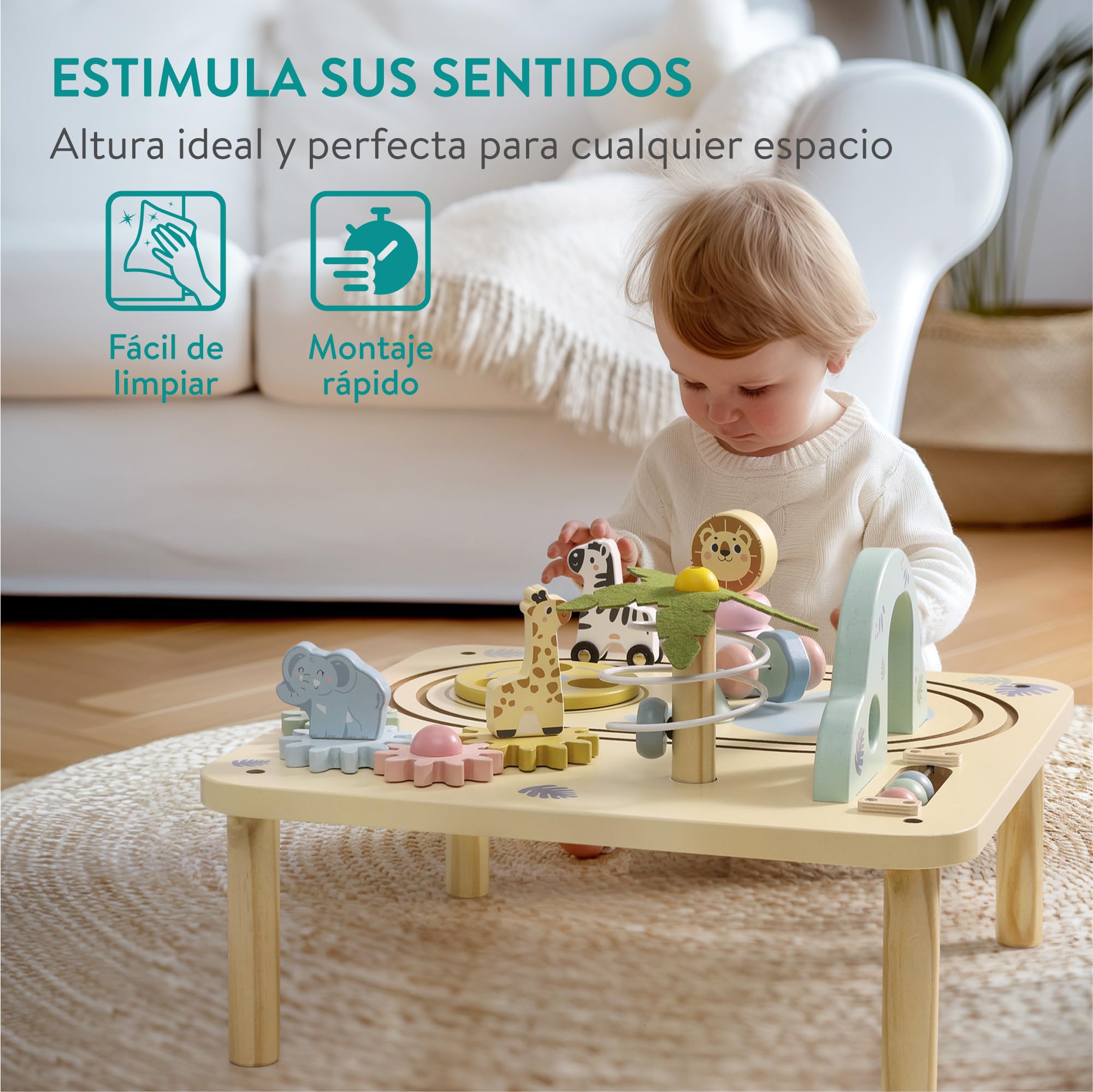 Navaris Mesa de Actividades Madera - Mesa Infantil de Juegos para Niños +44,5 cm Altura - Mesa Interactiva Bebe - Mesa Sensorial de 45 x 30 cm para Jugar - Mesa de Actividad Bebe