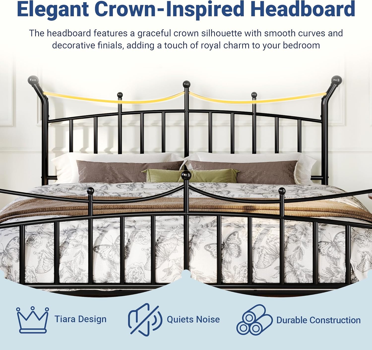 Allewie 14 Inches King Size Metal Platform Bed Frame with Elegant Crown Headboard & Footboard, Sturdy Mattress Foundation with Under-Bed Storage, Easy Assembly, No Box Spring Needed, Black