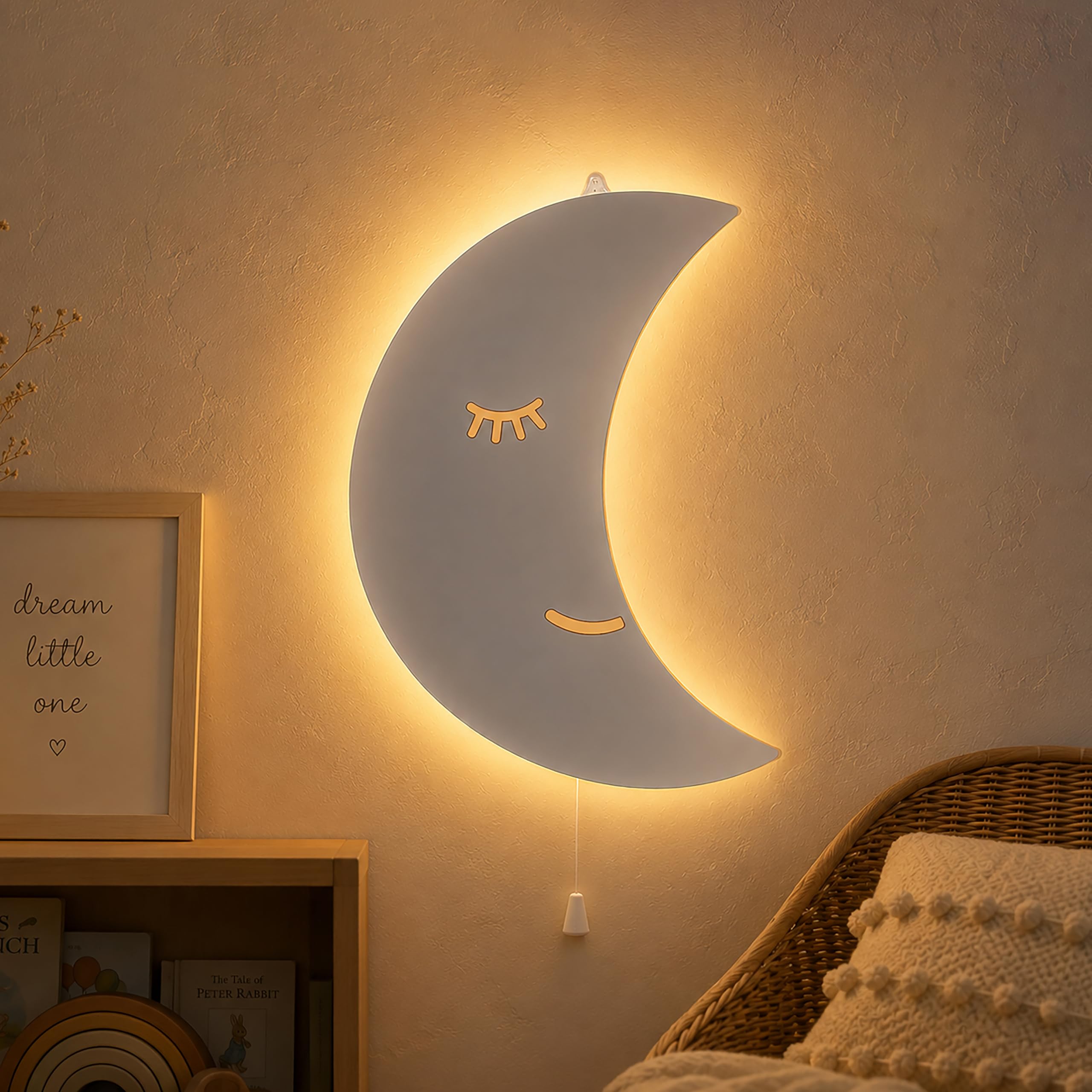 Crescent Moon Wall Light Nursery LED Night Light with Pull Cord