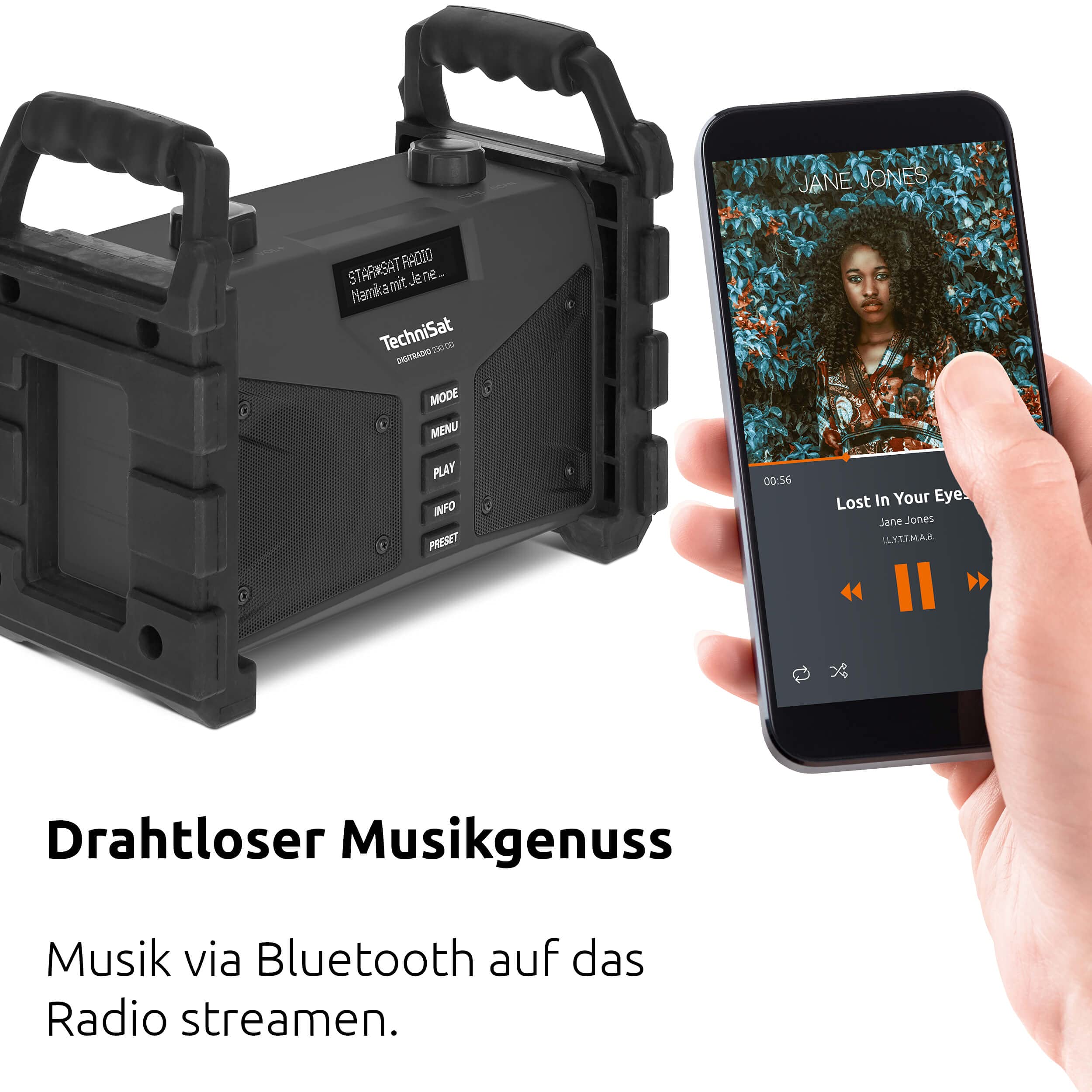 TechniSat DIGITRADIO 230 OD - DAB+ Baustellenradio (DAB+, DAB, UKW, USB, AUX in, Bluetooth, leistungsstarker Akku, Favoritenspeicher, 2 x 6 Watt Stereo-Lautsprecher) schwarz