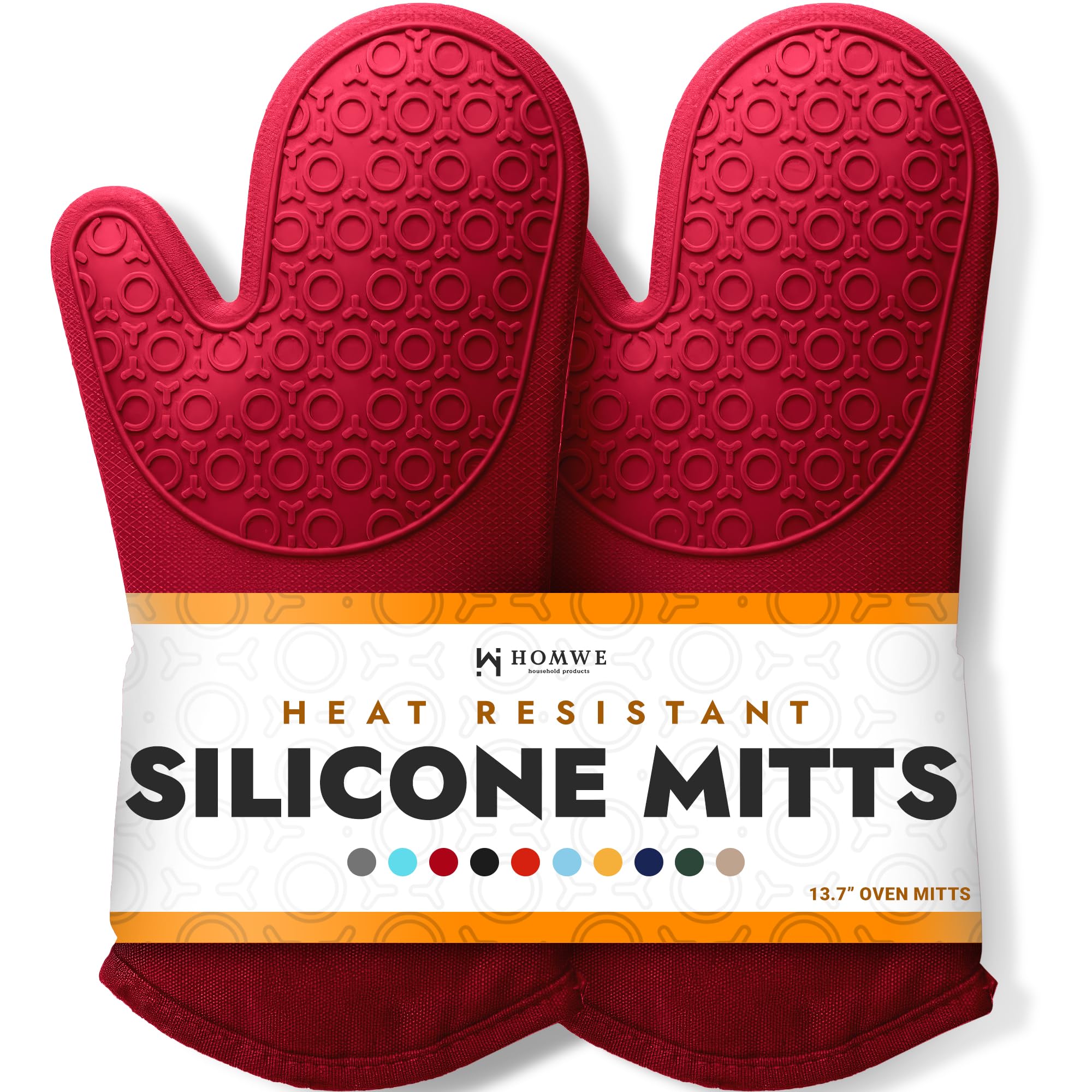 BPA-Free Silicone Oven Mitts Ultra Heat Resistant up to 500°F - Oven Mitts with Thick Cotton Liner - Long Slip Resistant Pot Holders, Flexible Oven Gloves - Canyon Red 13.7