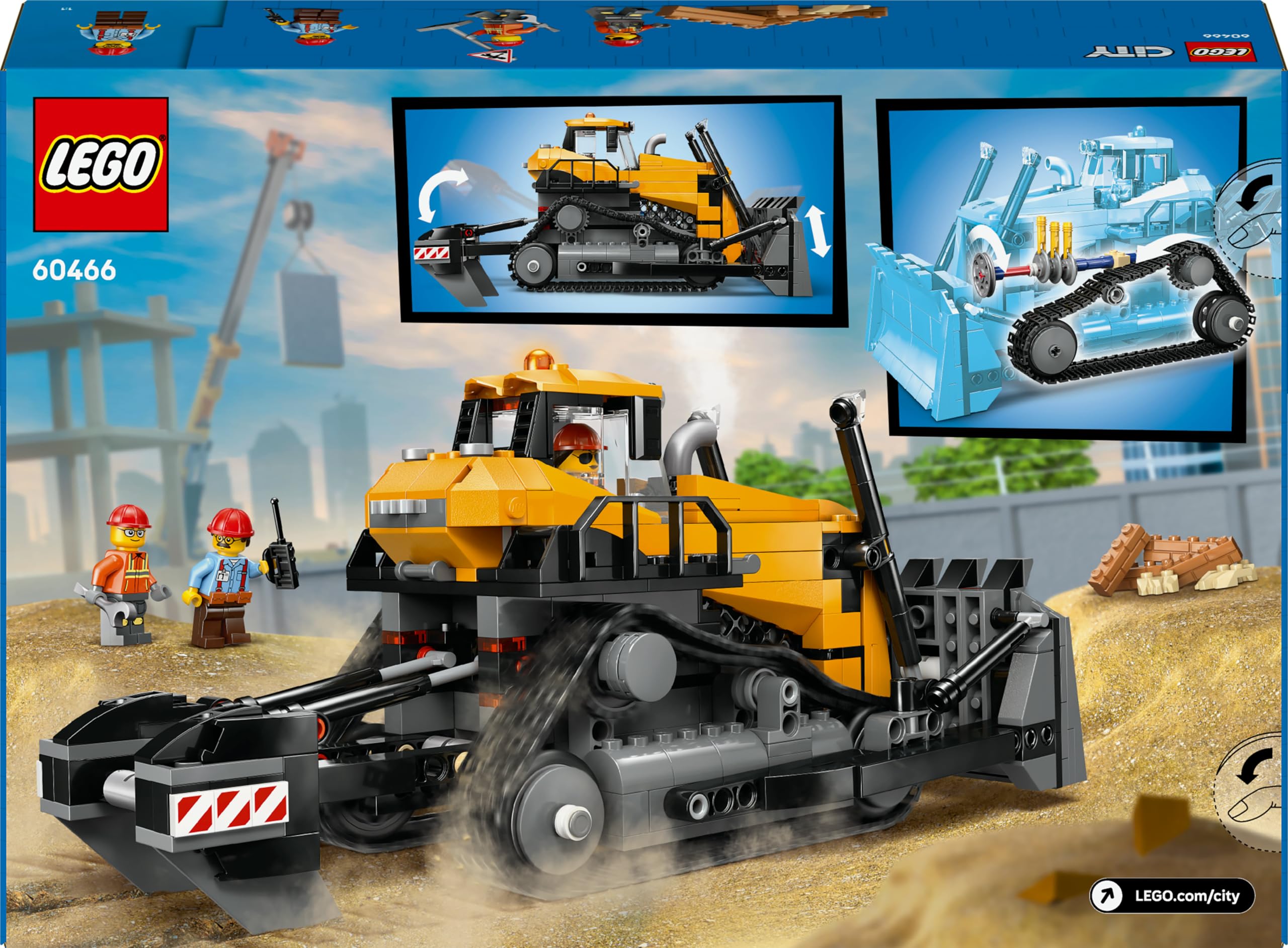 LEGO City Buldócer Amarillo - Vehículo de Obra de Juguete para Construir - 3 Minifiguras, Walkie-Talkie, Herramientas y Señales de Tráfico - Regalo de Cumpleaños para Niños de 8+ Años 60466