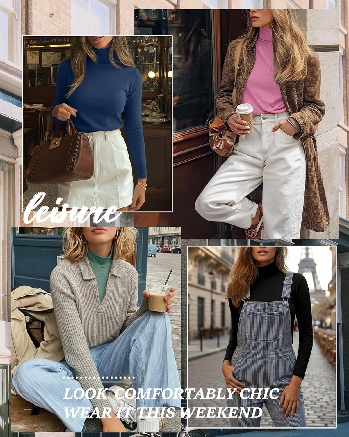 4 Pack Women's Turtleneck Cotton Long Sleeve Tops Casual Loose Fit Shirts Basic Tunic Trendy Undershirt Tee