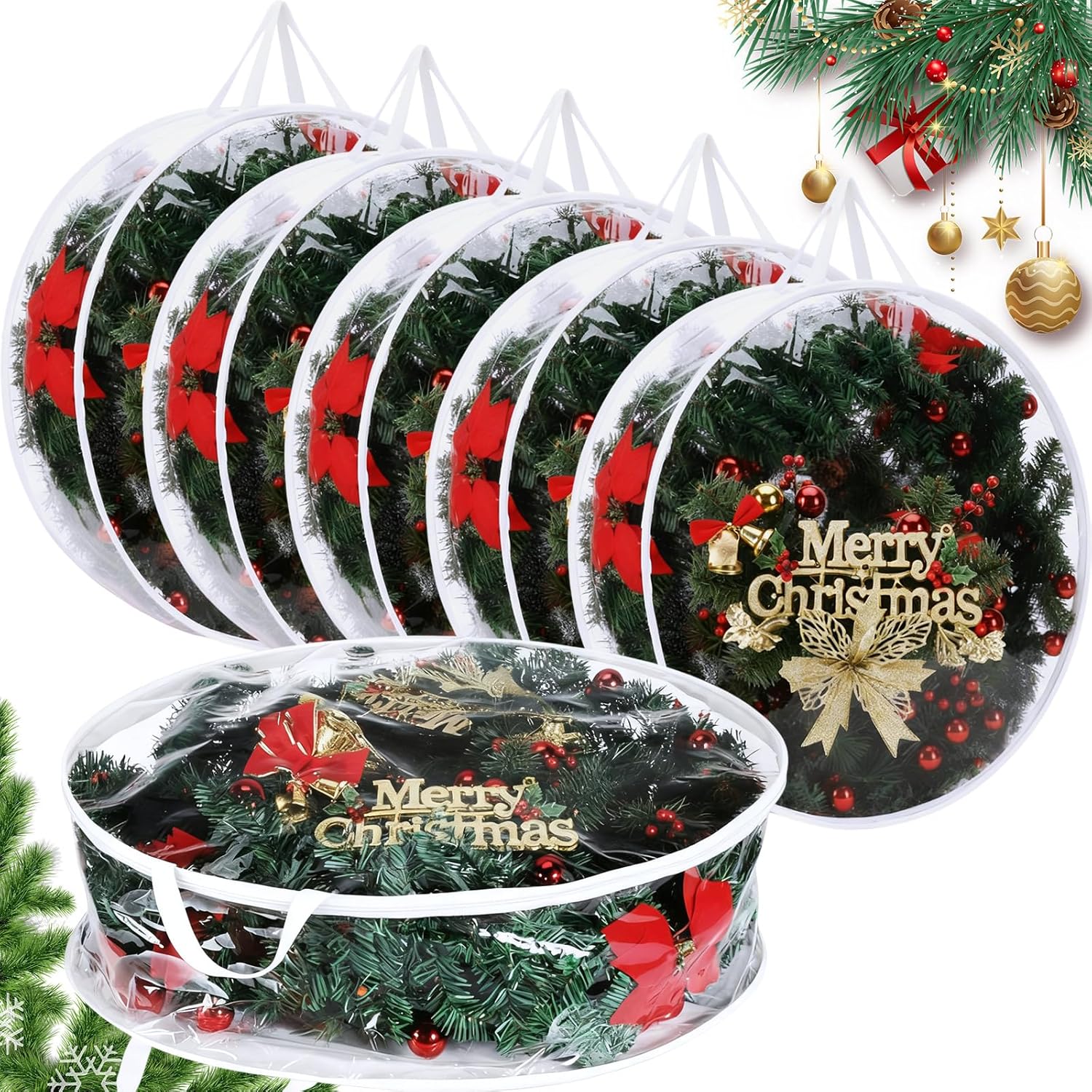 Shappy 6 Pieces Christmas Wreath Storage Container 30 Inch Wreath Plastic Storage Bags with Dual Zippers and Handles for Xmas Thanksgiving Holiday Artificial (Clear)