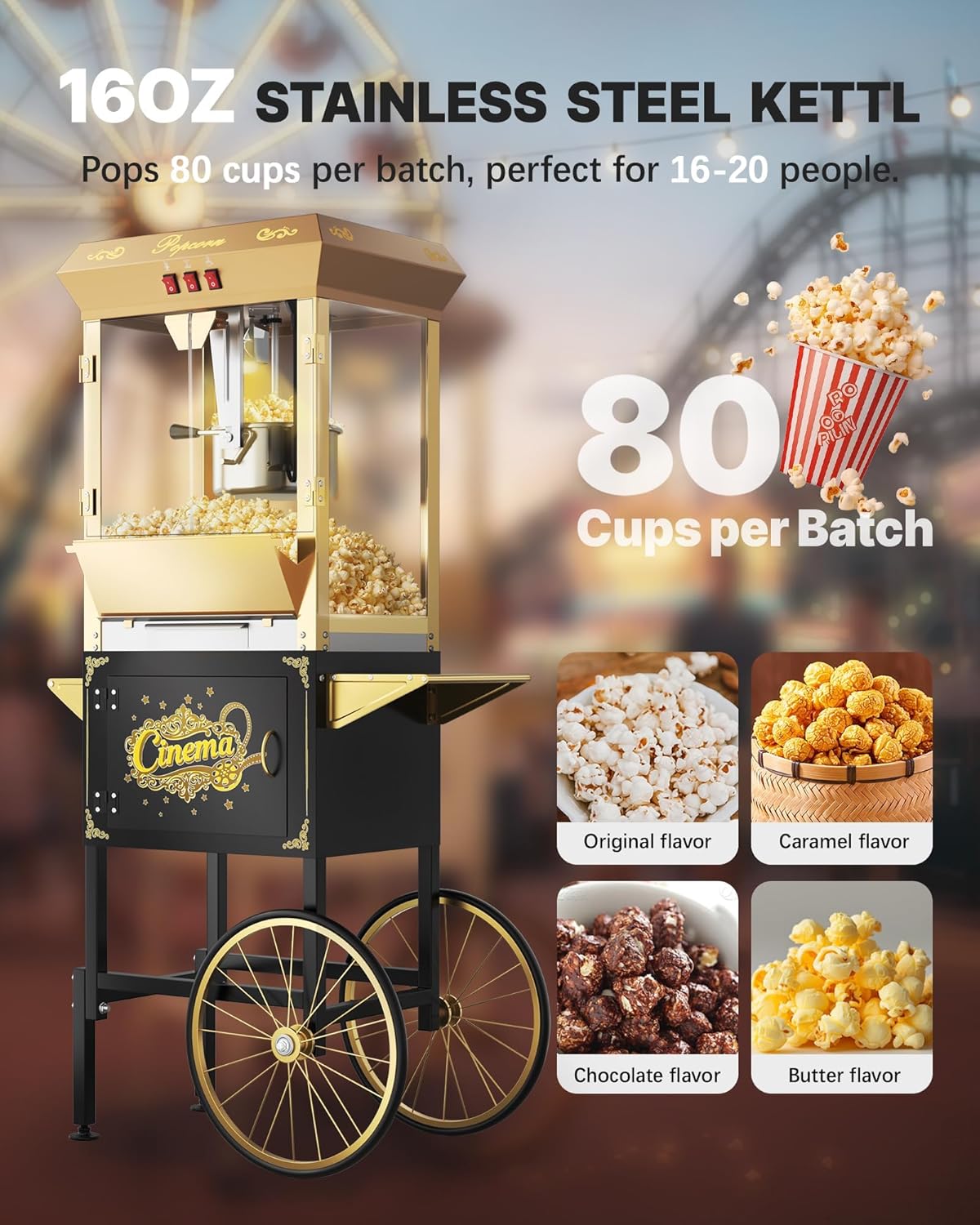 16oz Commercial Popcorn Machine with Cart, Large Popcorn Maker Machine with Wheels, Movie Theater Pop Corn Machine Stainless-Steel Kettle Makes Up to 80 Cups, Black&Gold